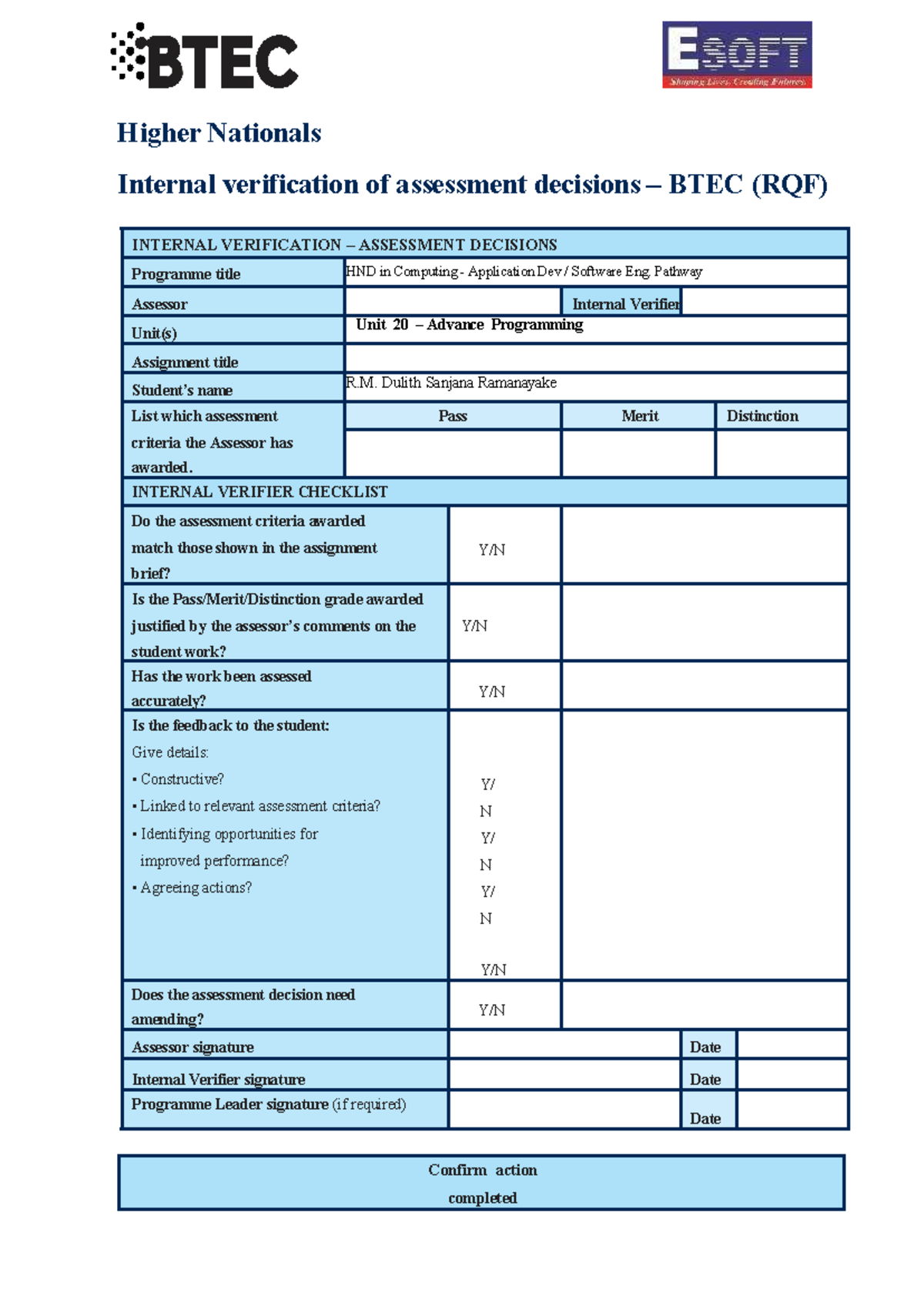 HND Computing Unit 20: Advanced Programming Assessment Verification ...