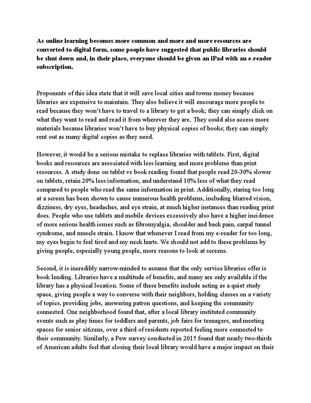Argumentative Essay Sample: The Importance of Libraries vs. e-Readers ...