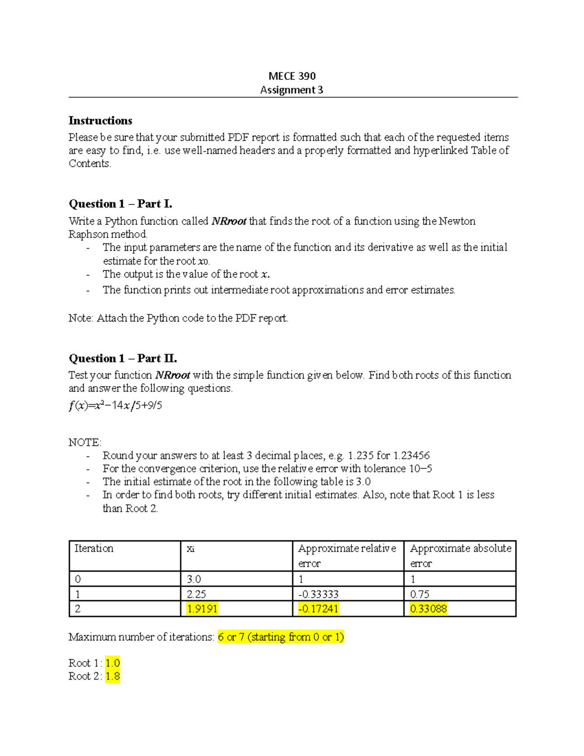 MECE 390 Assignment 3: Newton-Raphson & Iteration Methods Solutions ...