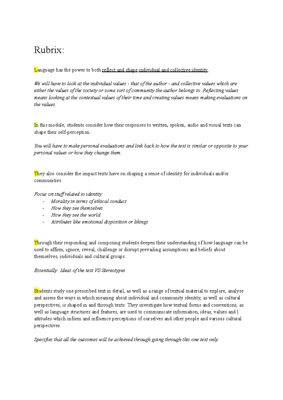 Rubrix: MOD A Year 11 Analysis of Language and Identity - Studocu