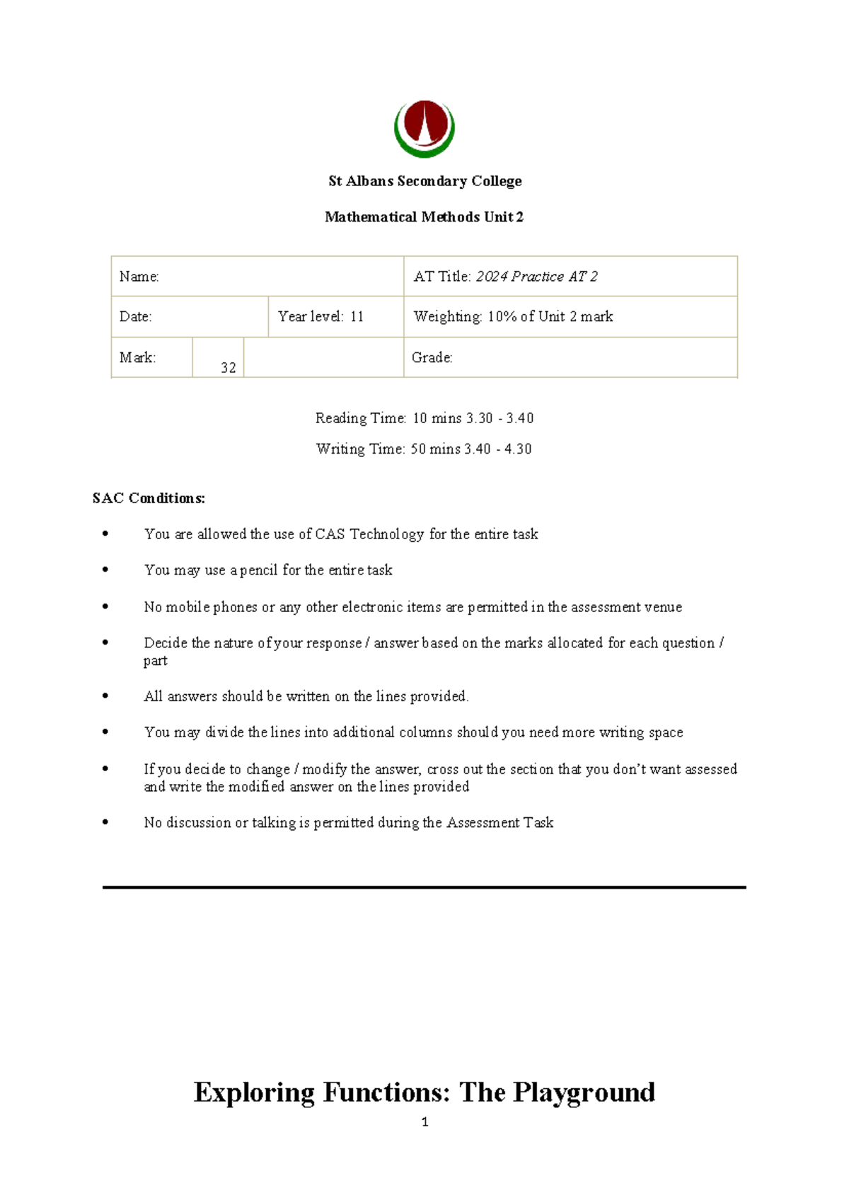 Mathematical Methods Unit 2 - 2024 Practice AT 2 Analysis - Studocu