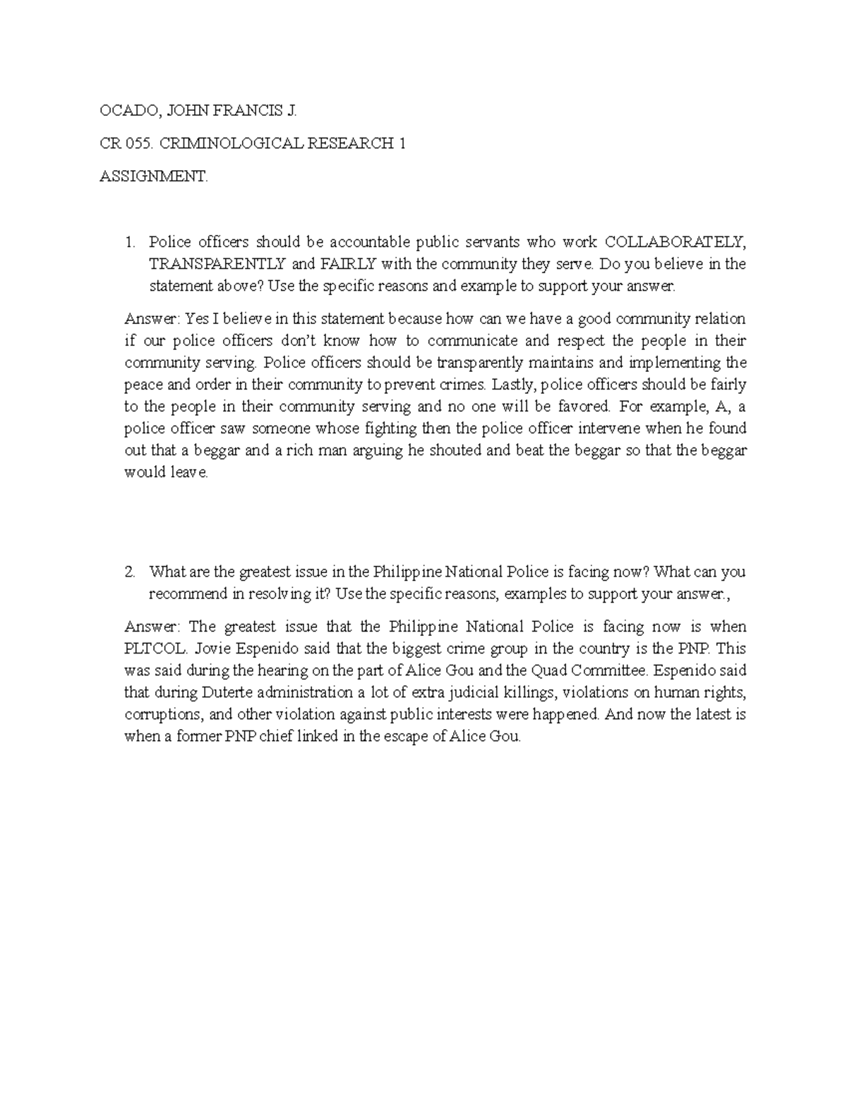 CR 055: Criminological Research 1 Assignment on Police Accountability ...