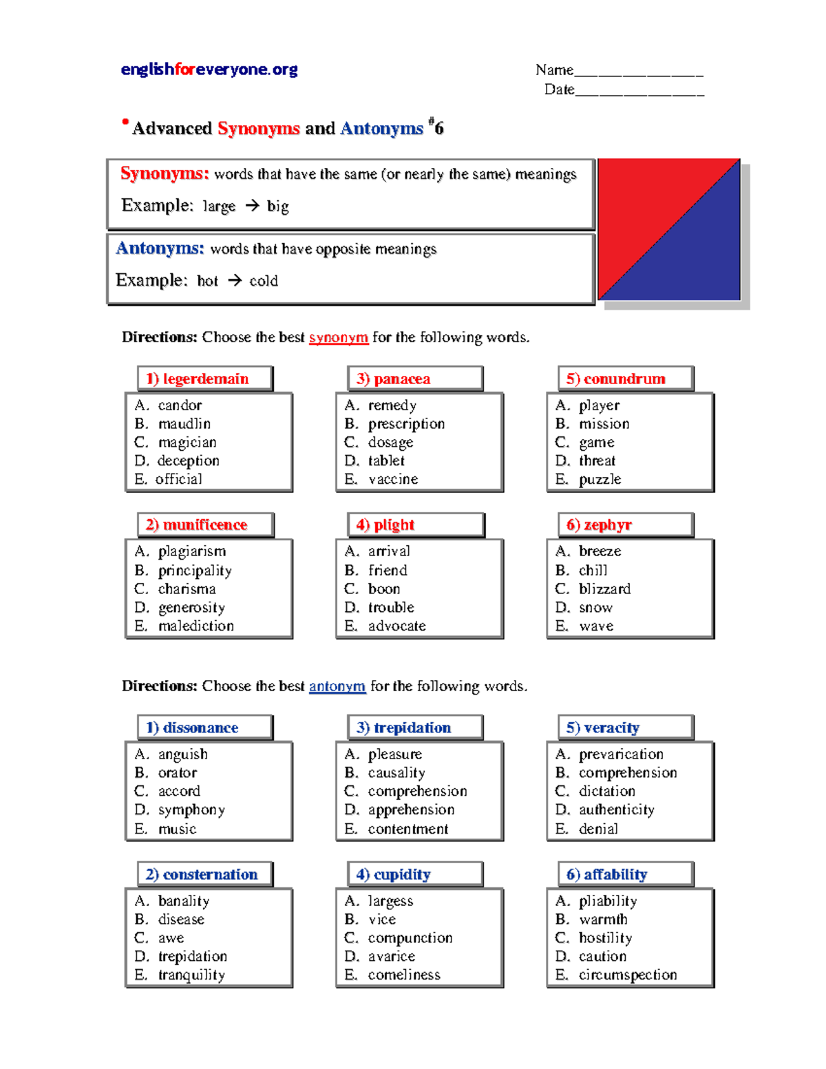 Advanced Synonyms and Antonyms 6 - englishforeveryone Name ...