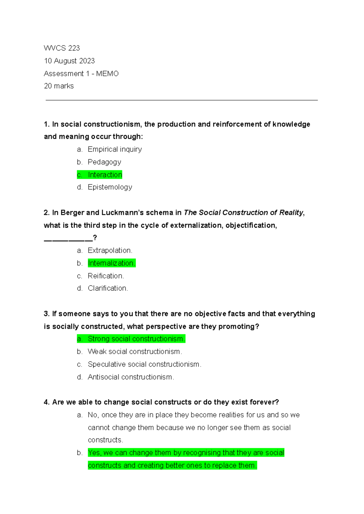 WVCS 223 Assessment 1 Memo - Social Constructionism Insights - Studocu