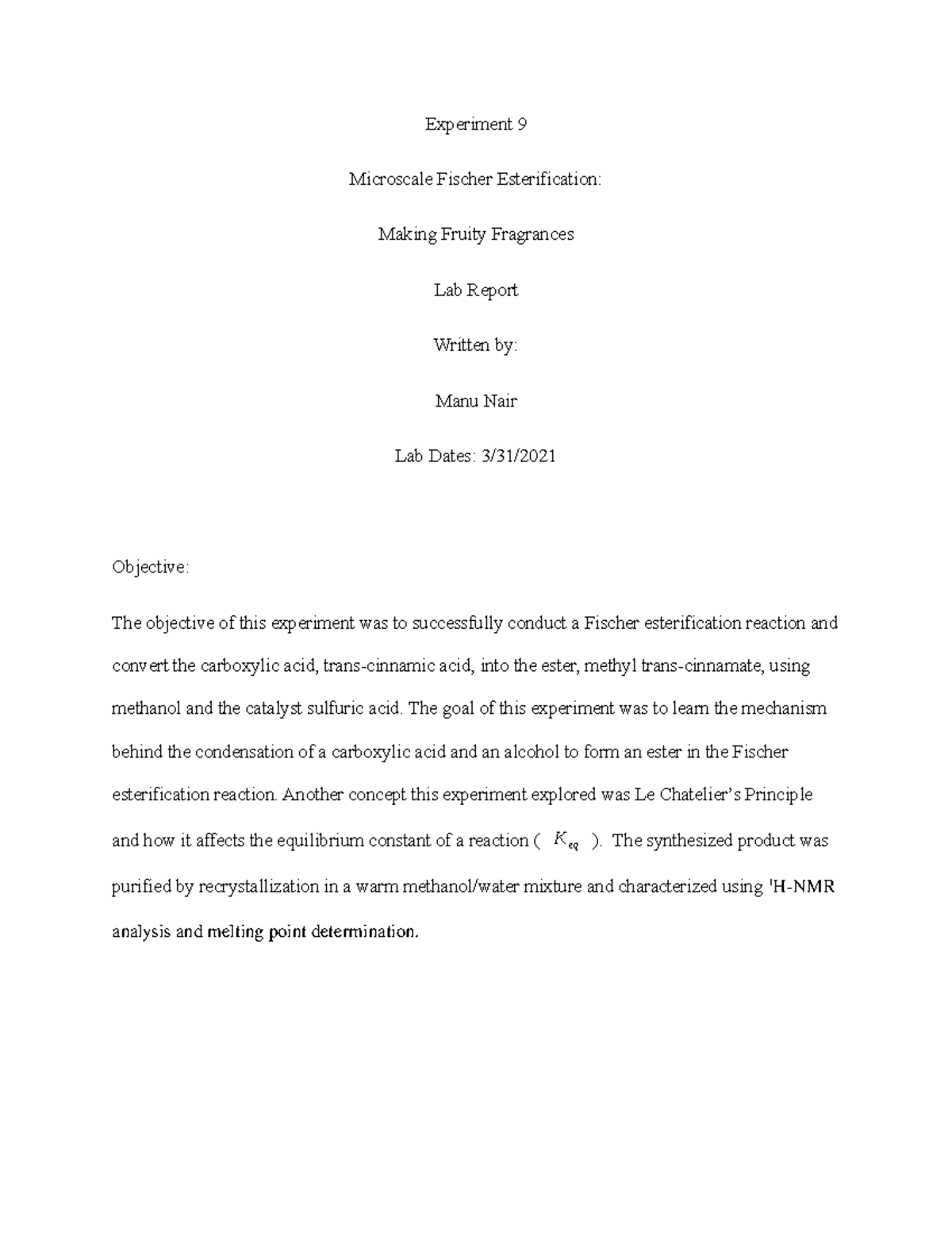 Lab 9: Microscale Fischer Esterification of Methyl Ester Synthesis ...