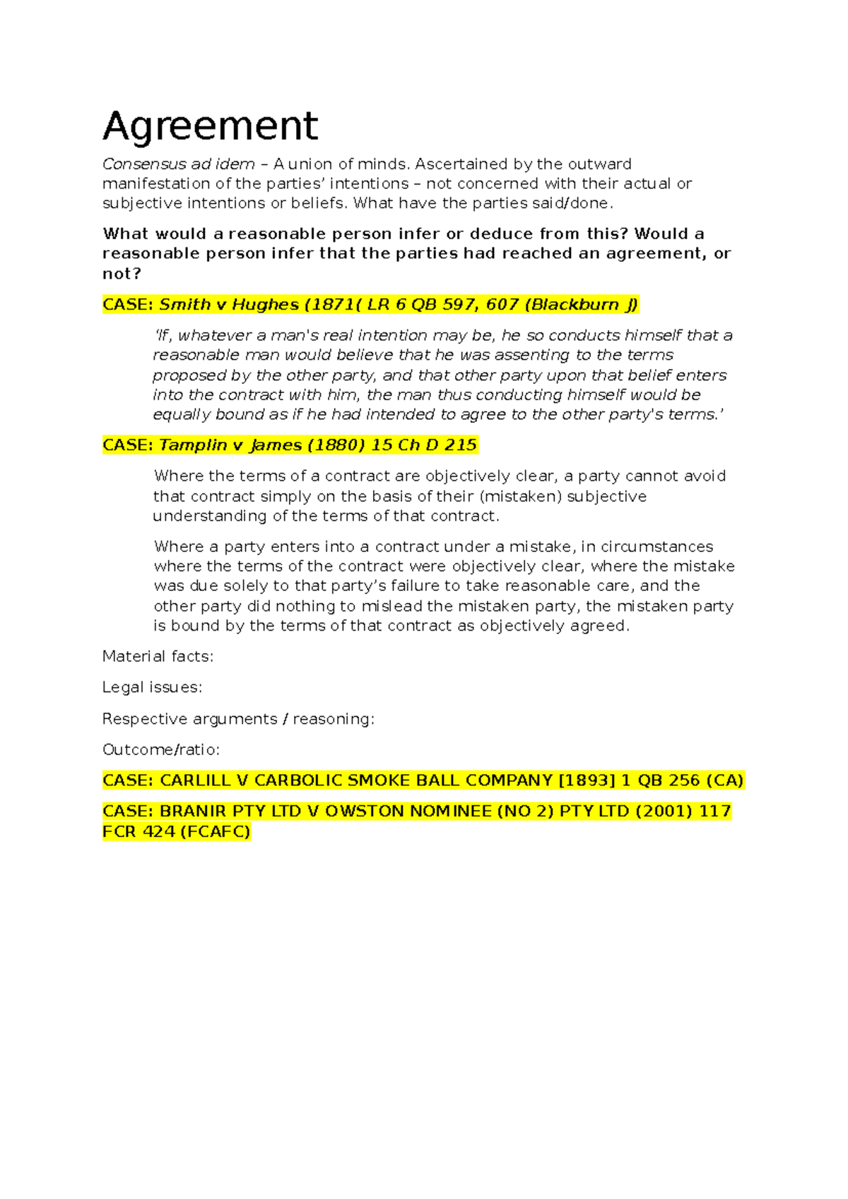 Agreement Consensus ad Idem: Week 1 Notes on Contract Law - Studocu