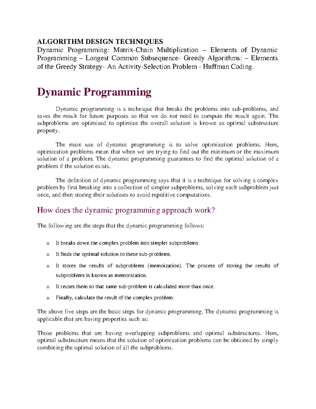 ADS UNIT - 4 - Advanced Data Structures: Dynamic Programming Notes ...