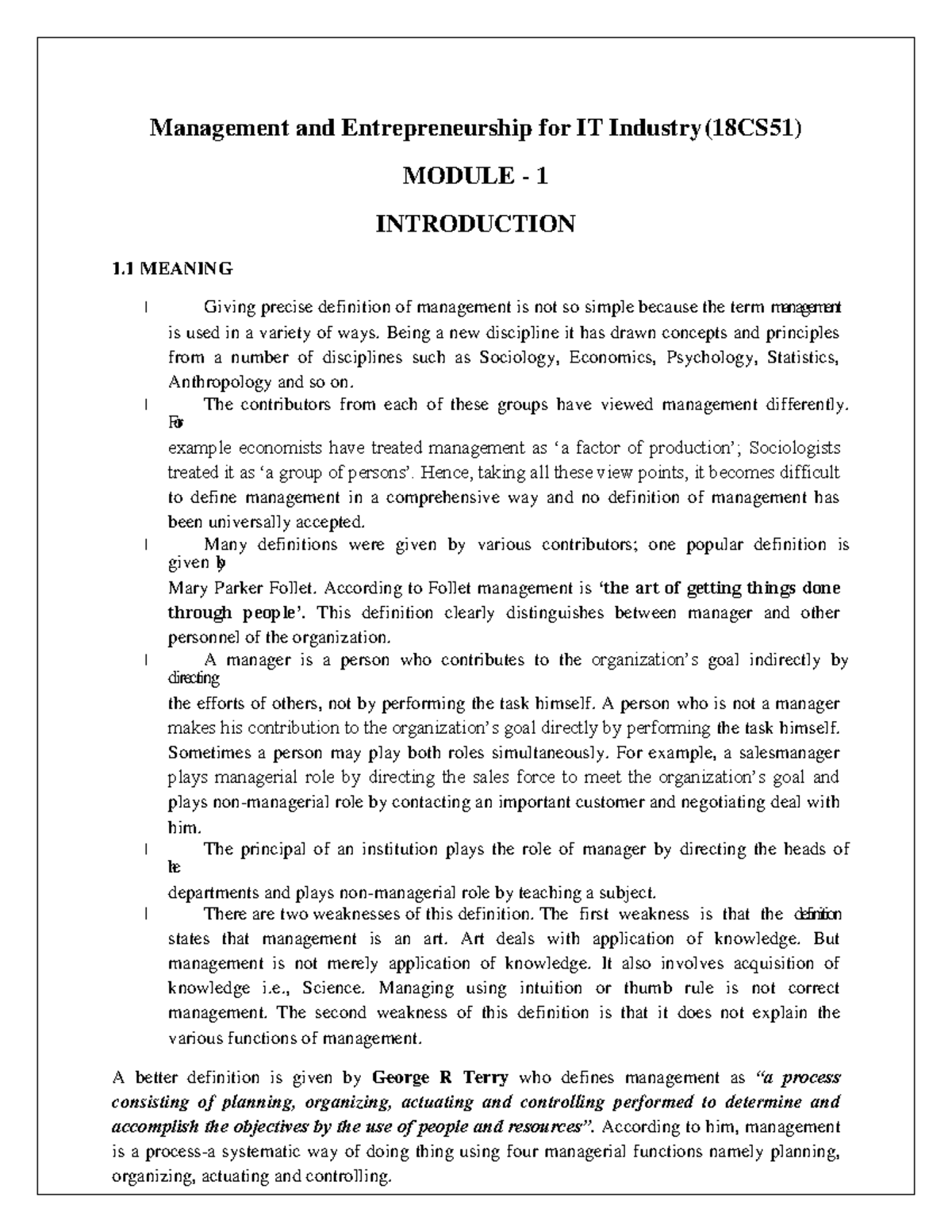 18CS51 Management & Entrepreneurship Module 1 Overview - Studocu