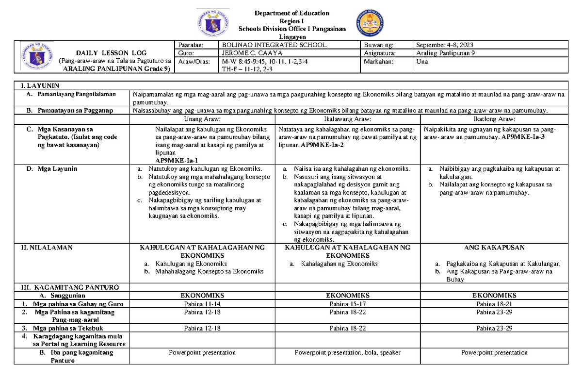 AP 9 1st Grading Lesson Plan for Ekonomiks (Sept 4-8, 2023) - Studocu