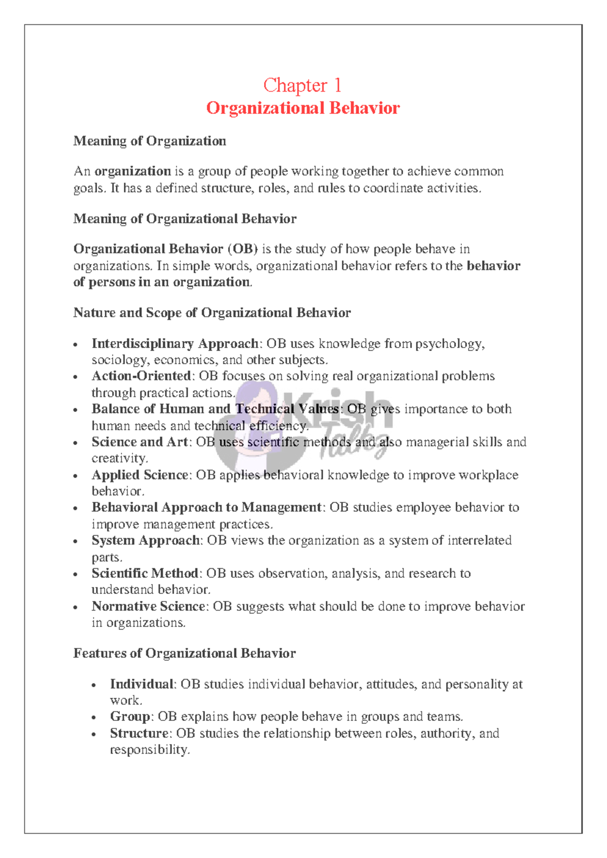 6th Sem BBA Organizational Behavior: Comprehensive Chapter Notes - Studocu