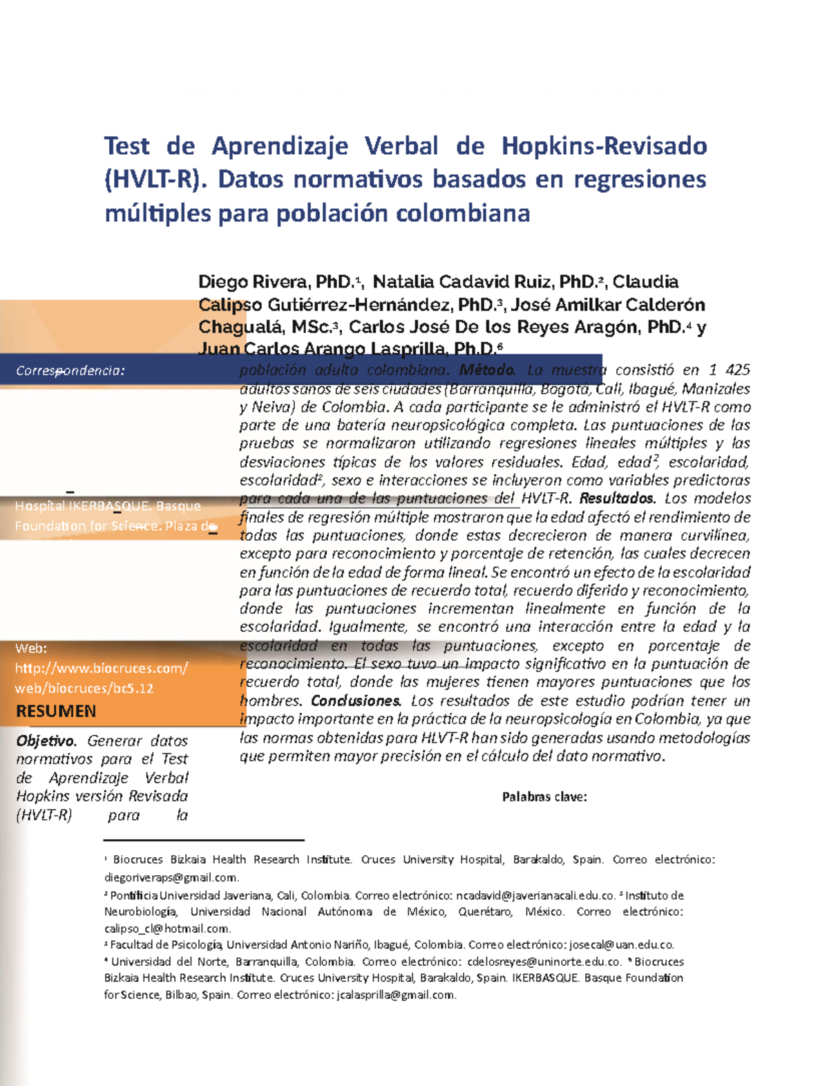 Datos Normativos del Test de Aprendizaje Verbal de Hopkins-Revisado ...