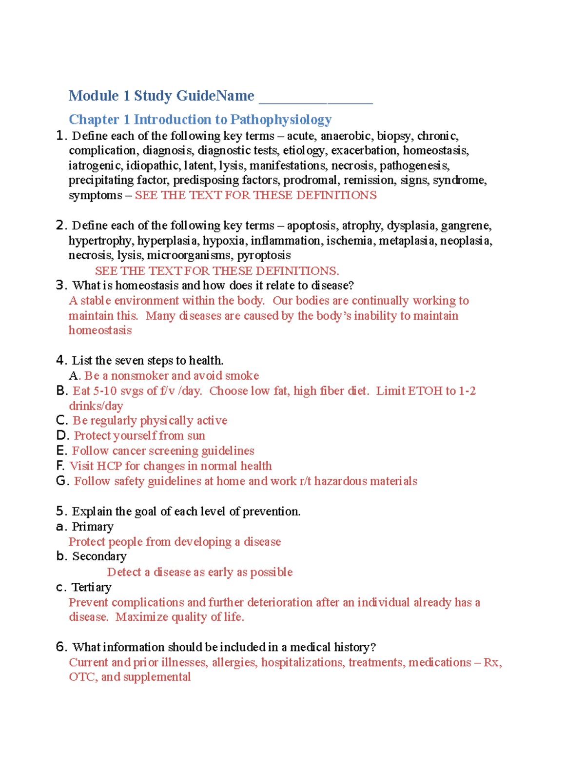 Pathophysiology Study Guide 1 Key: Key Concepts & Definitions - Studocu
