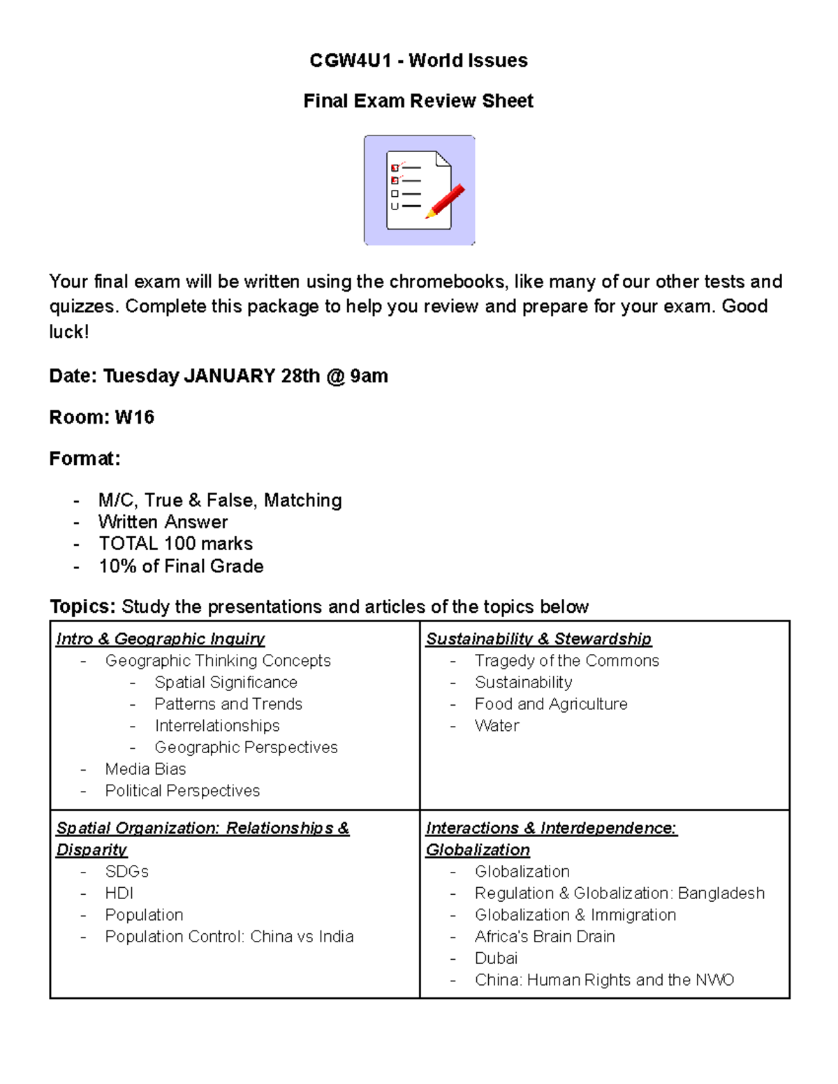 CGW4U1 World Issues Final Exam Review Guide - Studocu