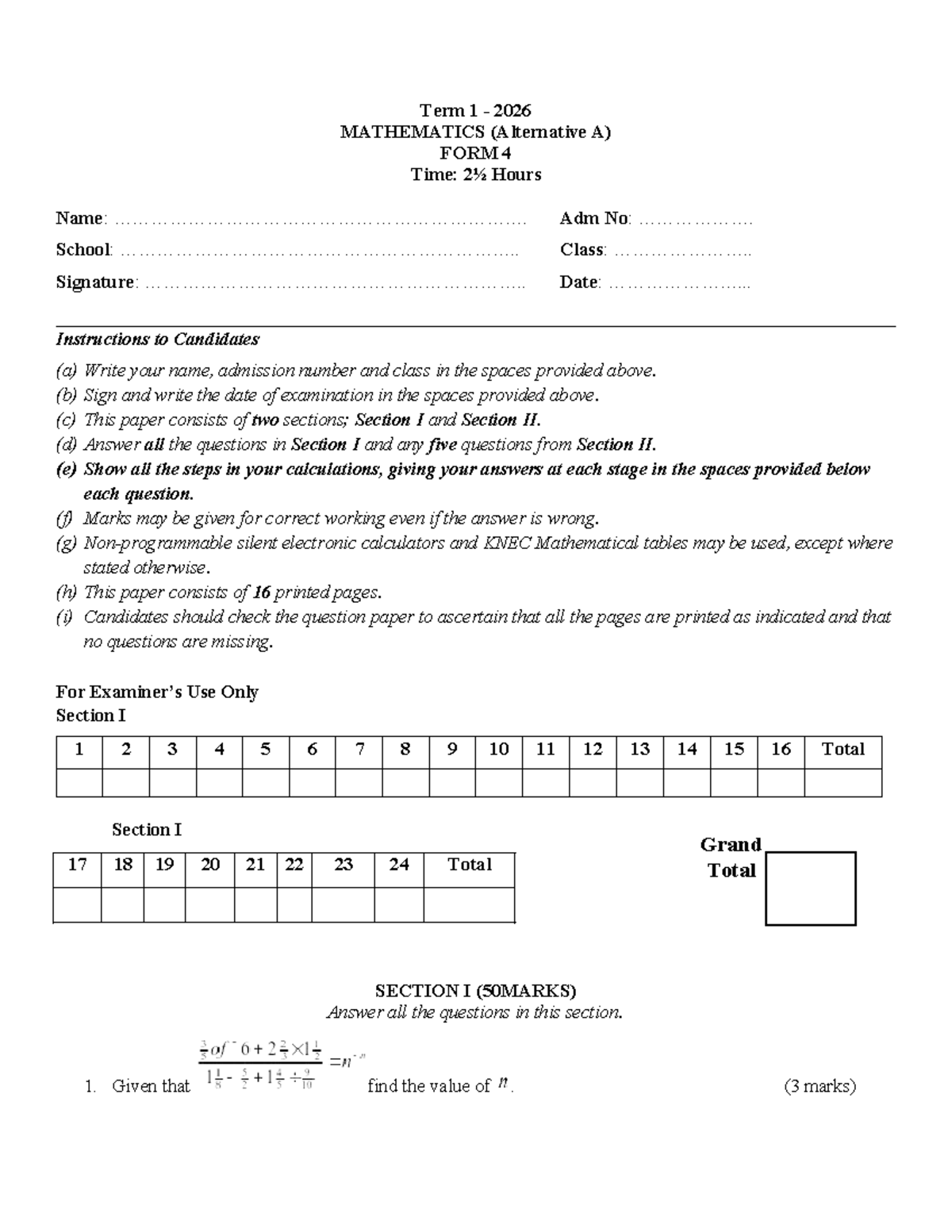 2026 MATHEMATICS F4 T1 MIDTERM EXAMINATION QUESTIONS - Studocu