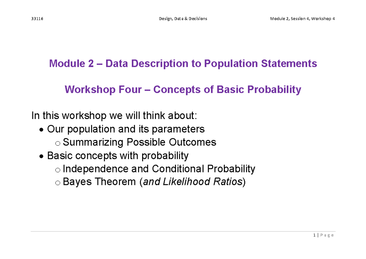 33116 Design, Data Decisions Module 2: Workshop 4 on Probability ...