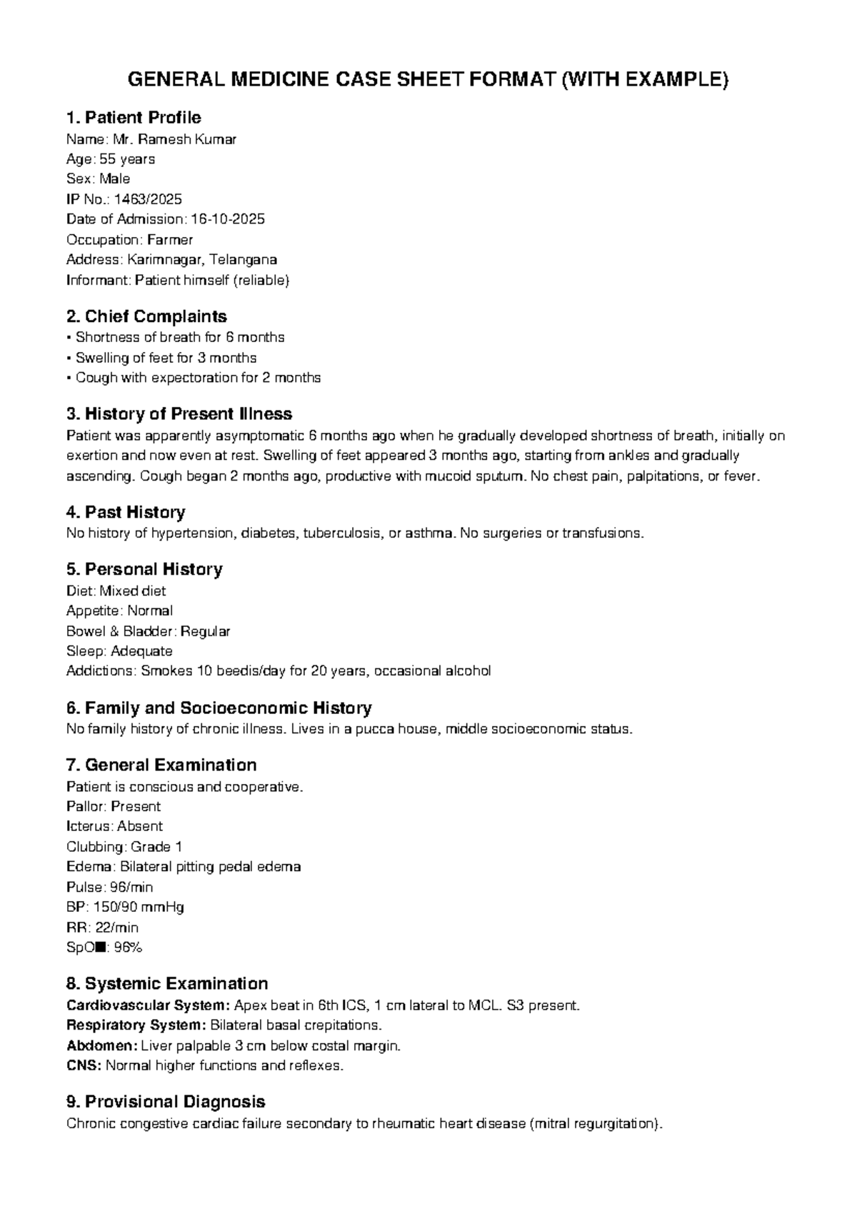 GENERAL MEDICINE CASE SHEET FORMAT (EXAMPLE) - Studocu