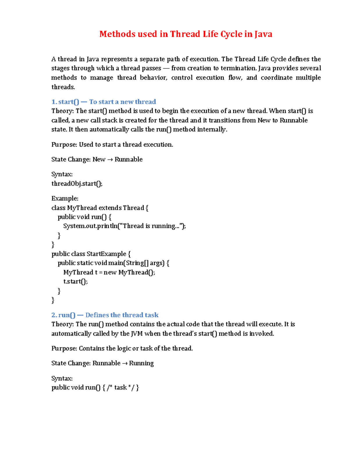 Methods in Thread Life Cycle in Java: Overview and Usage - Studocu