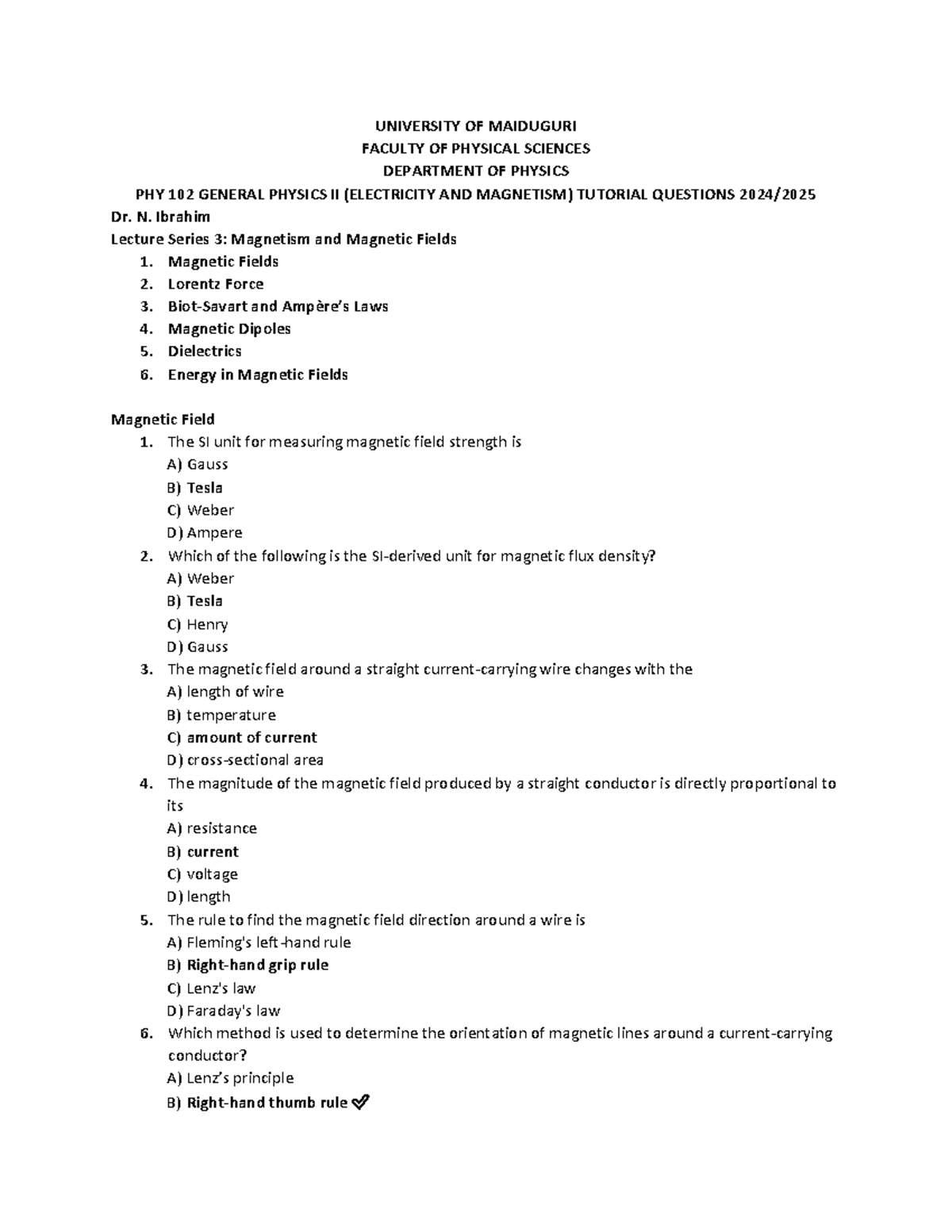 PHY 102 General Physics II: Electricity & Magnetism Tutorial Qs 2024/ ...