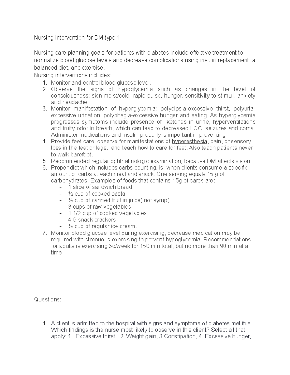 DM Type 1 Nursing Interventions and Care Planning Notes - Studocu