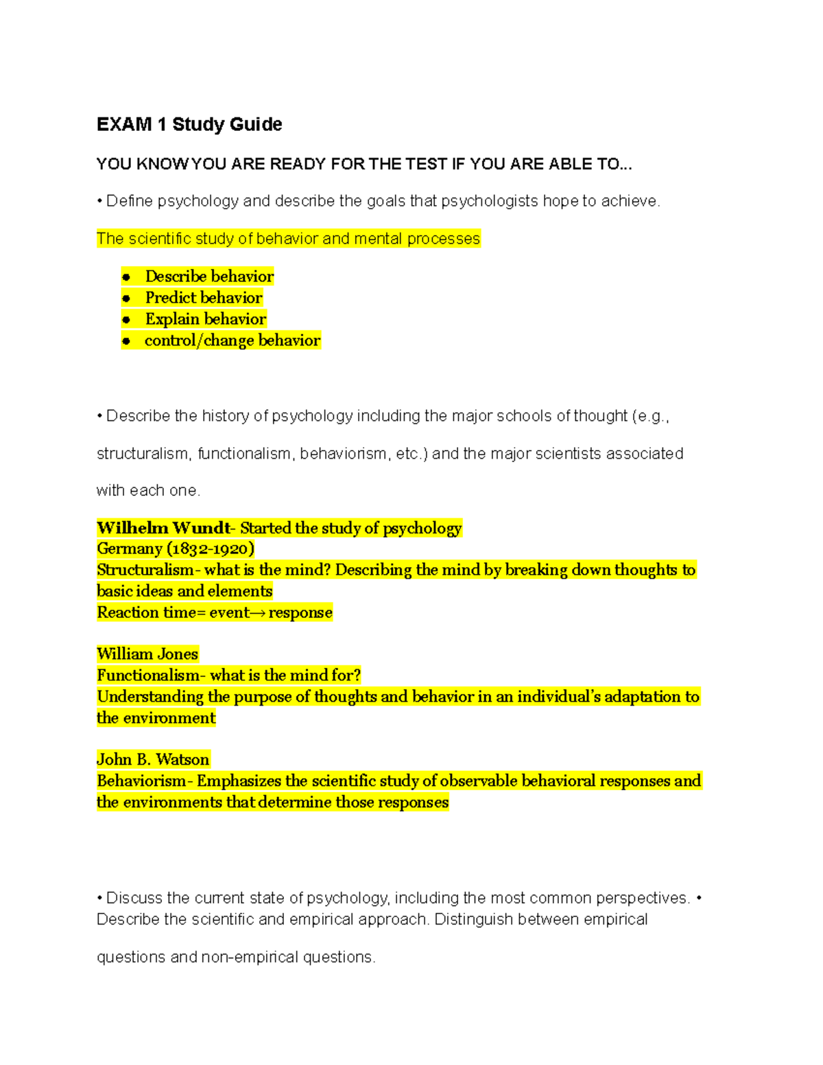 Psych 101: Exam 1 Comprehensive Study Guide Outline - Studocu