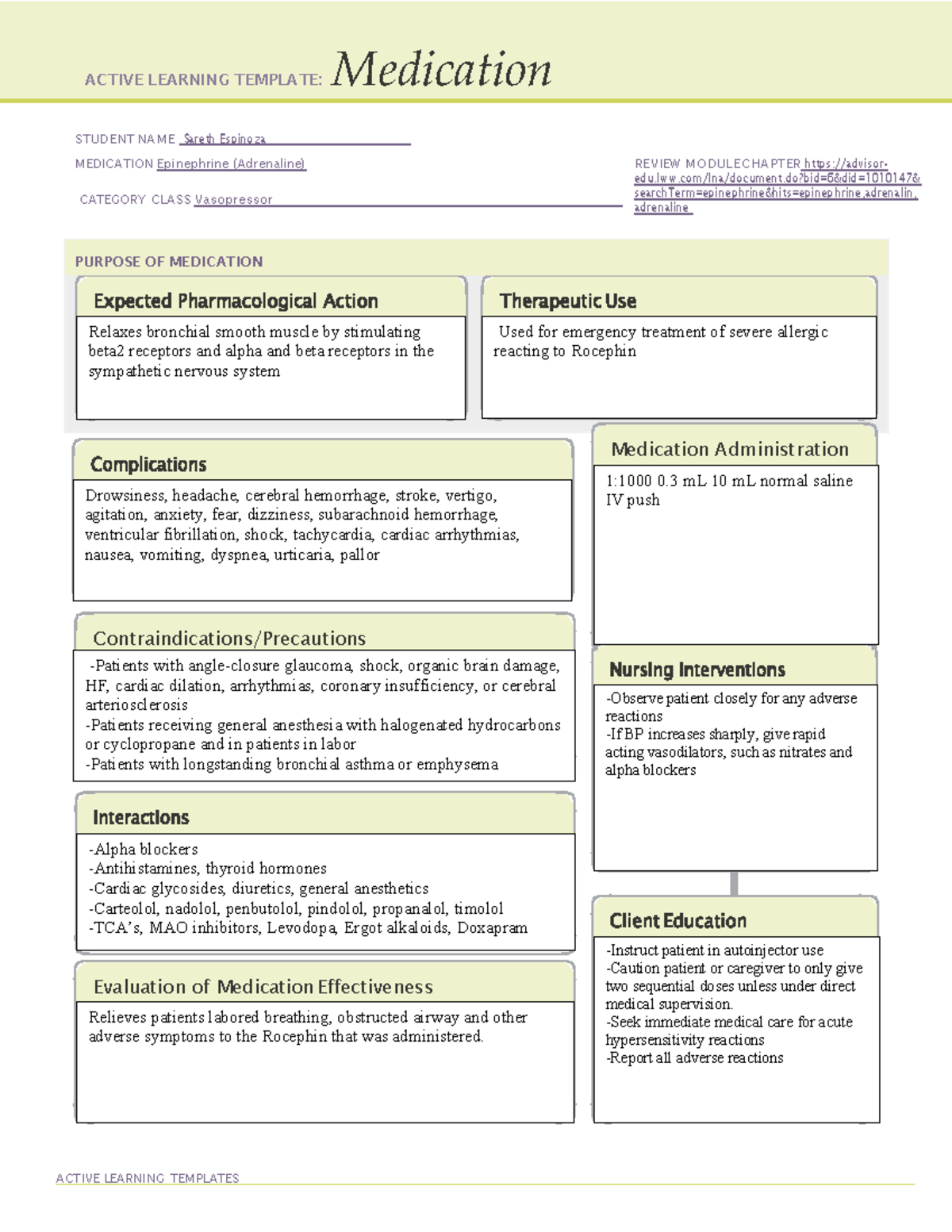 Epinephrine (Adrenaline) Admin: Active Learning Template Med-Form - Studocu