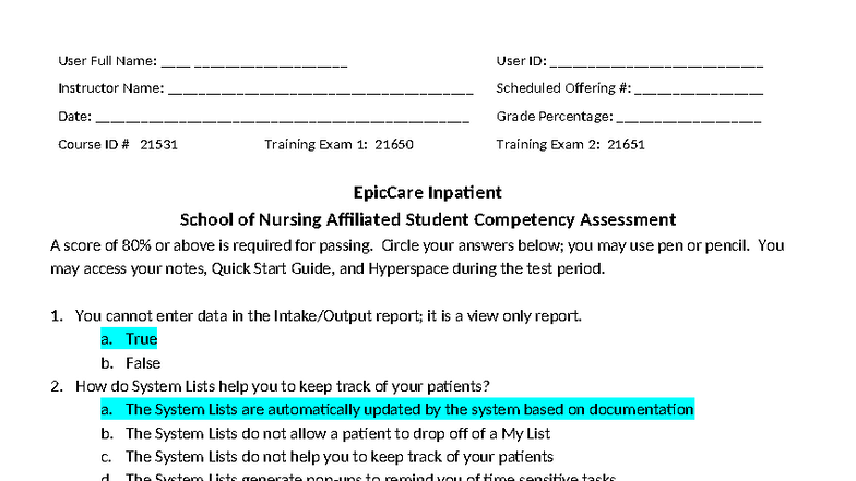 EpicCare Inpatient Competency Assessment - Training Exam 2 (21531 ...