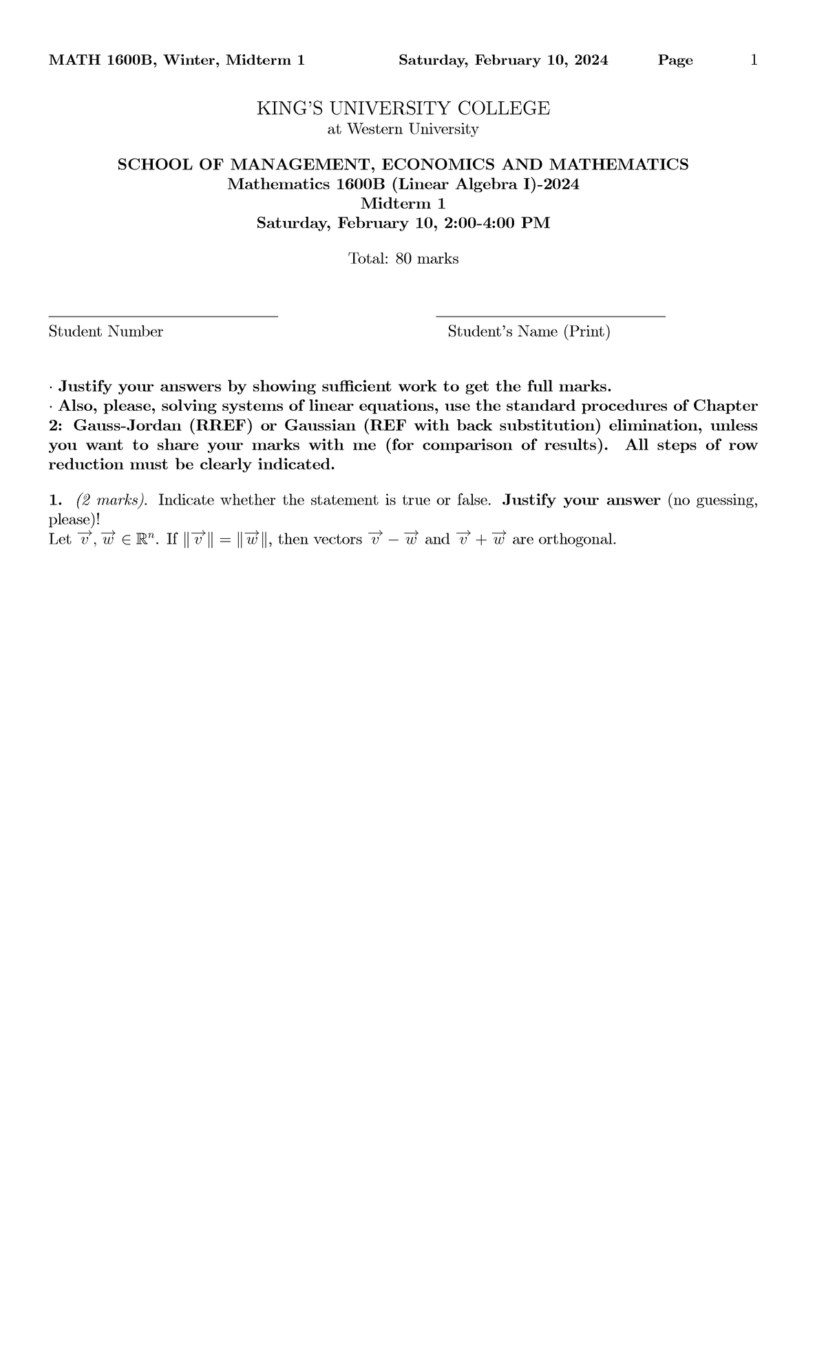 MATH 1600B Winter 2024 Midterm 1 Exam Questions and Solutions - Studocu