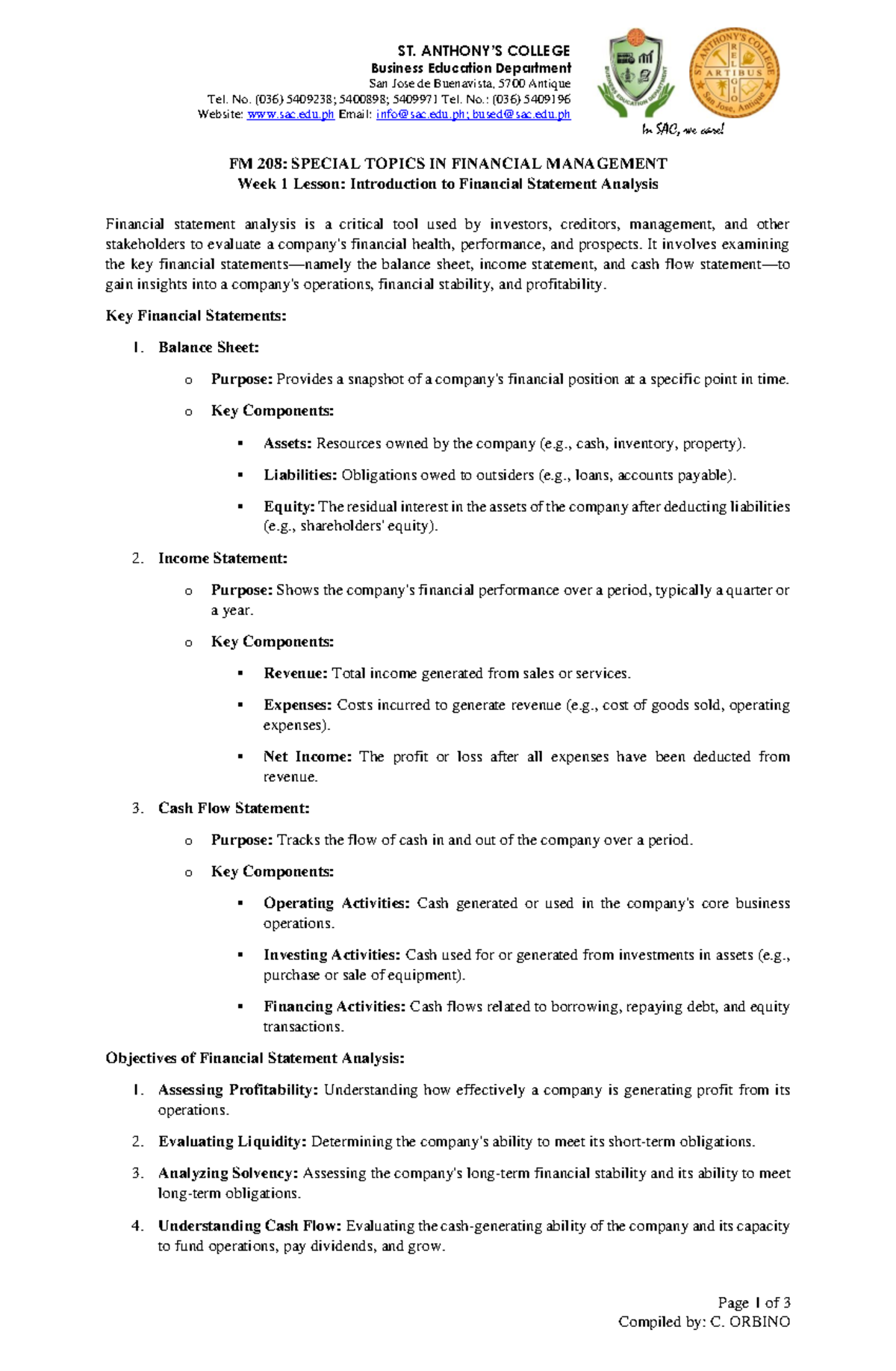 FM 208 Week 1 Lesson: Introduction to Financial Statement Analysis ...