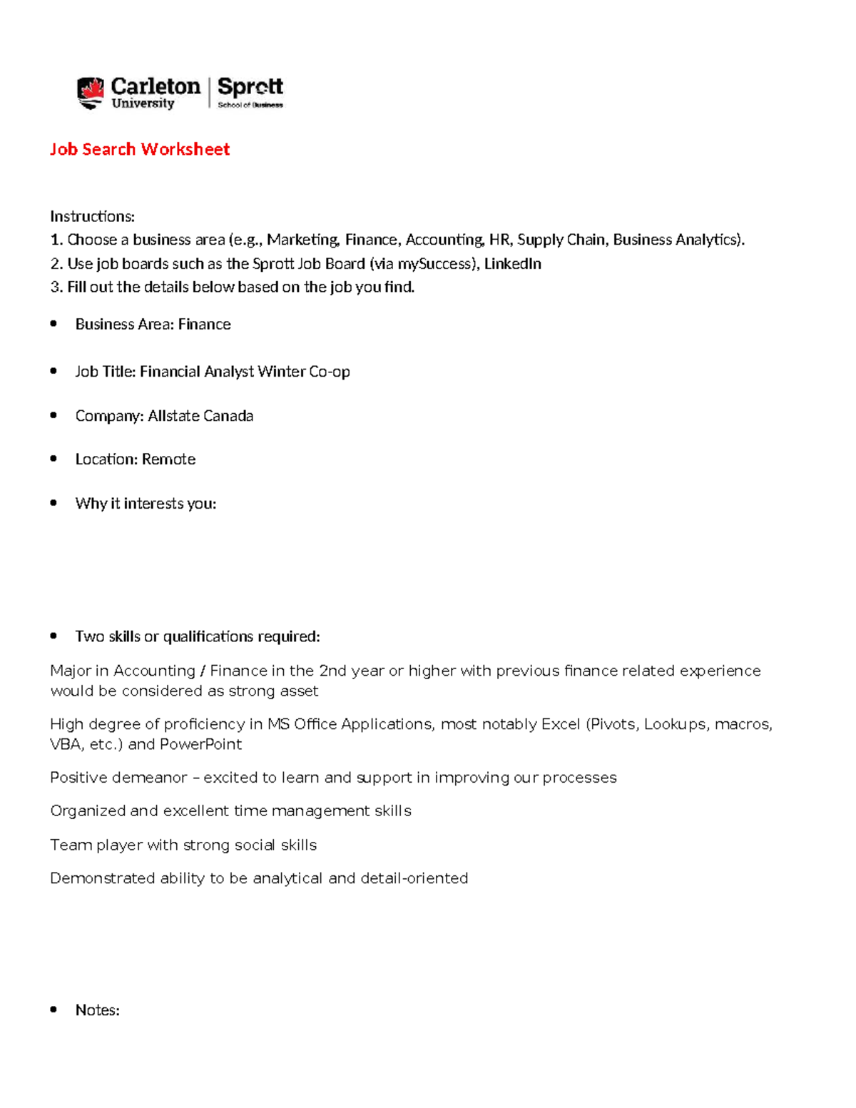 Job Search Worksheet: Finance Analyst Position - Assignment Based - Studocu