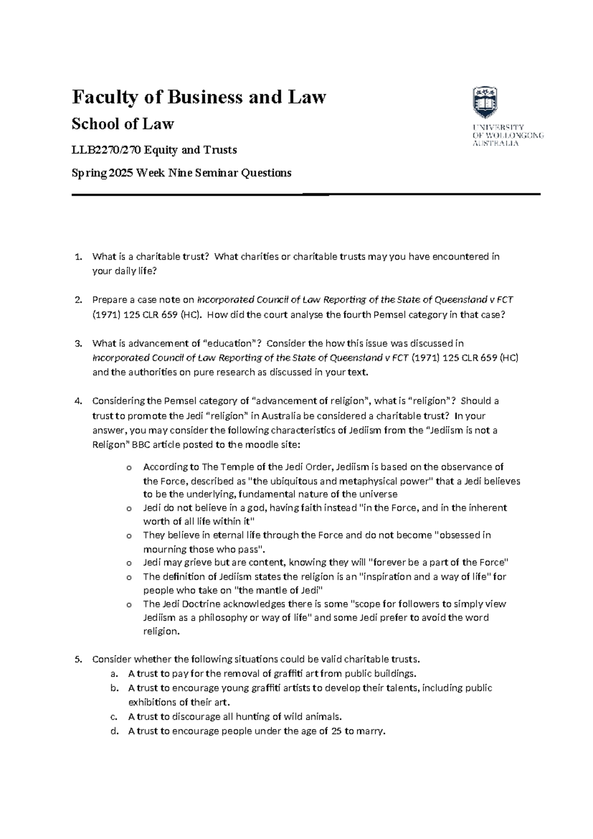 LAW5001 Equity and Trusts Spring 2025 Week 9 Seminar Questions - Studocu