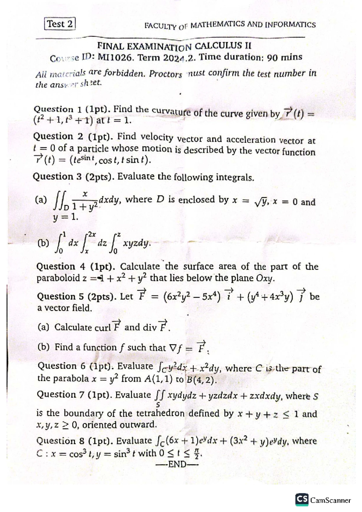2023 MI1026 Calculus 2 Exercises on Vectors and Geometry - Studocu