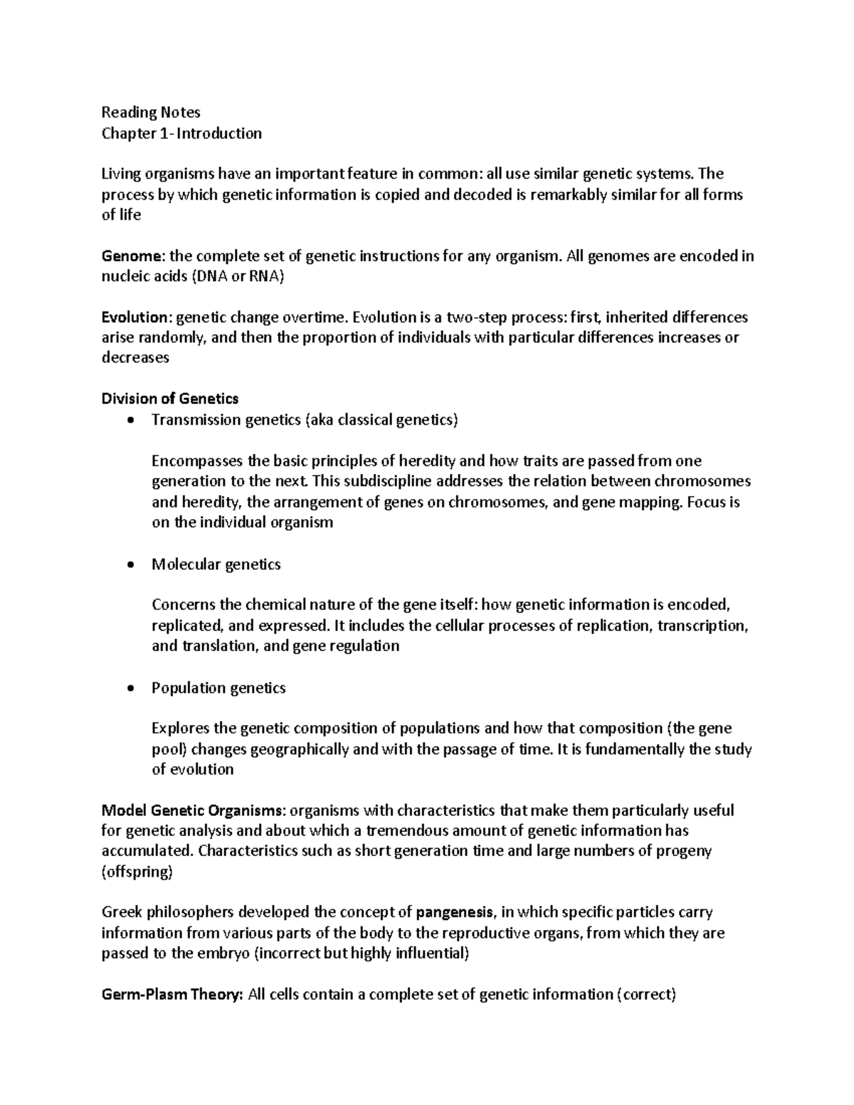 Genetics Chapter 1 Introduction Notes - Reading Notes Chapter 1 ...