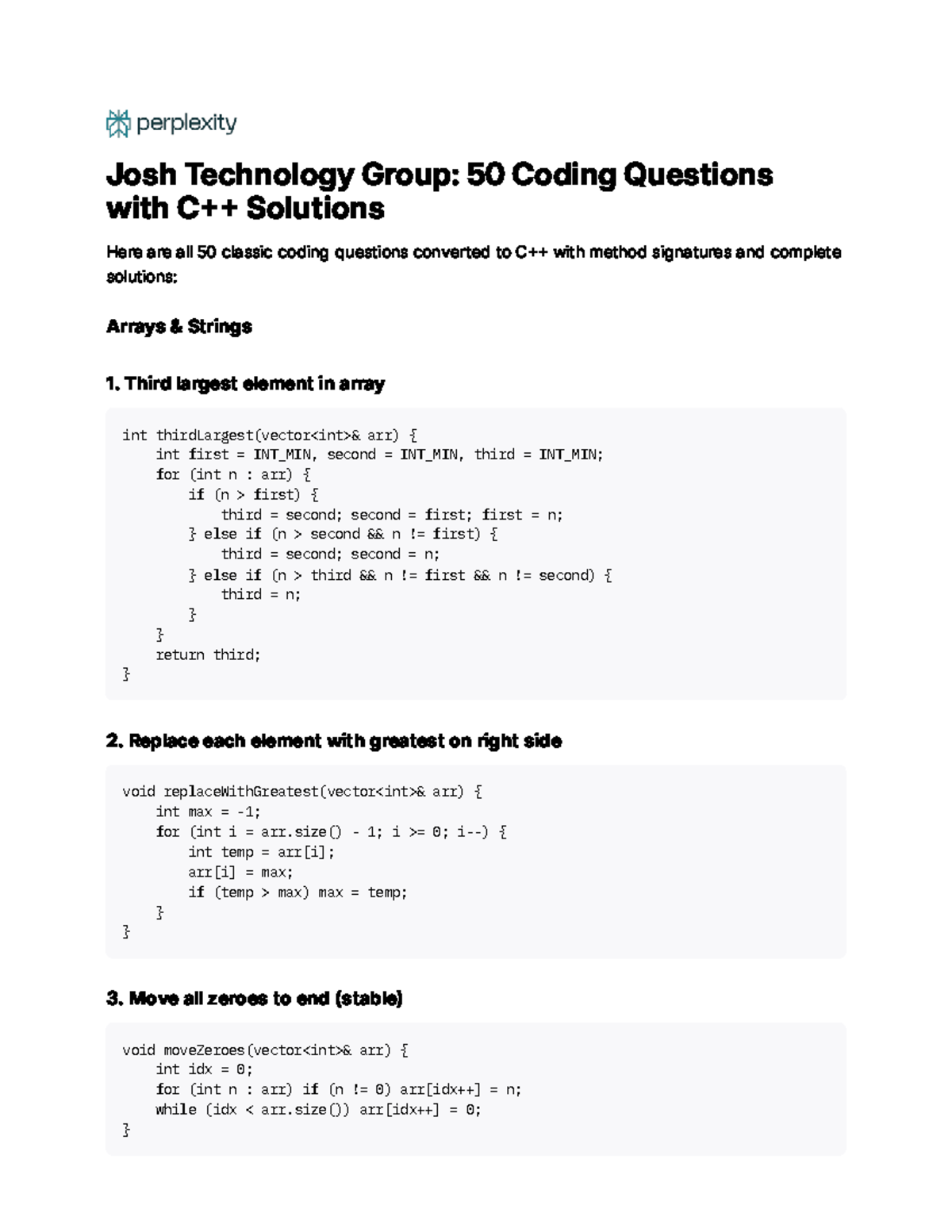 Josh Technology Group: 50 Coding Questions with C++ Solutions - Studocu