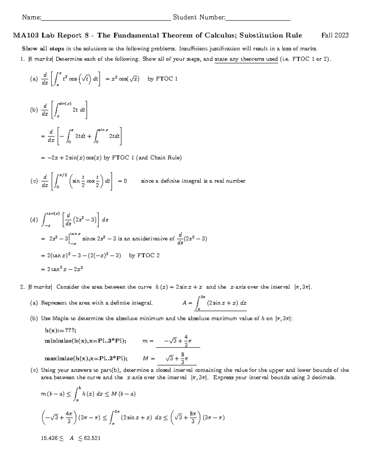 MA103 Lab 8 Report: The Fundamental Theorem of Calculus Solutions - Studocu