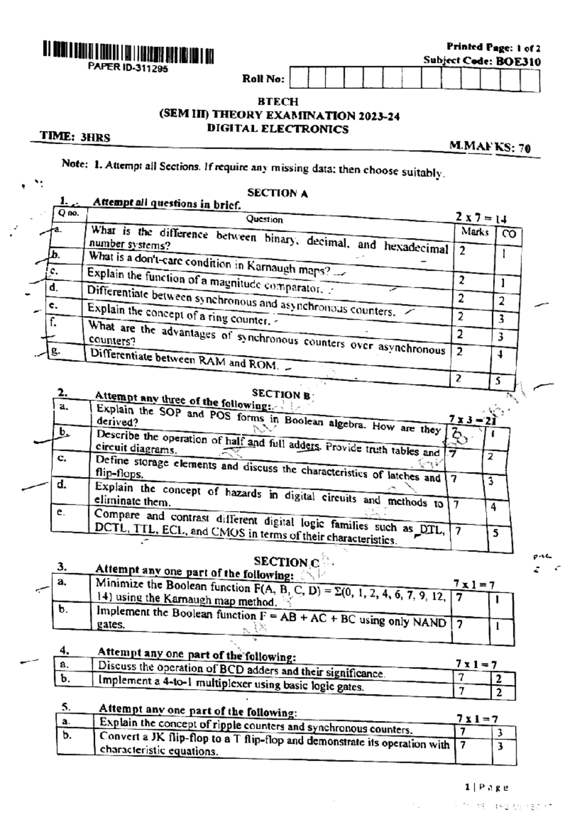 BTech 3 Sem Digital Electronics BOE310 Exam Questions Mar 2024 - Studocu