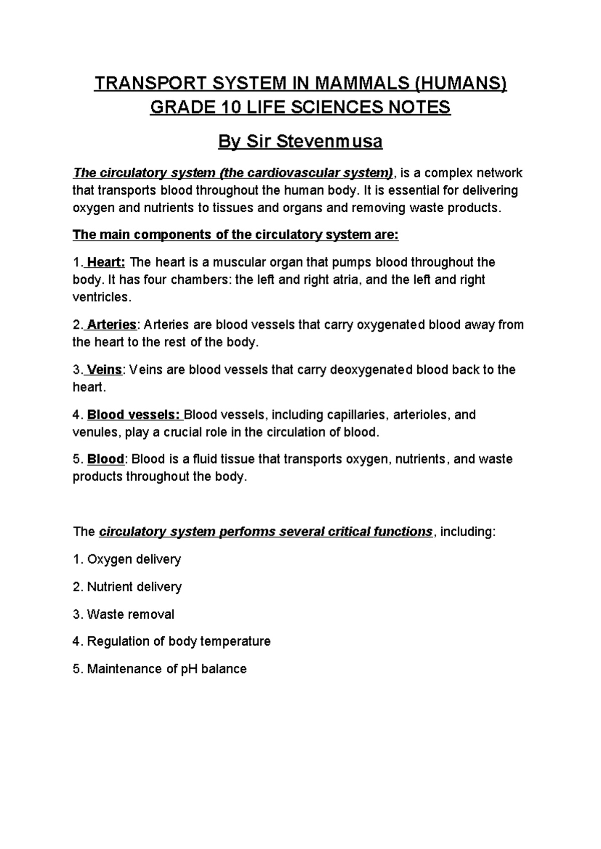 Grade 10 Life Sciences: Circulatory System Overview and Functions - Studocu