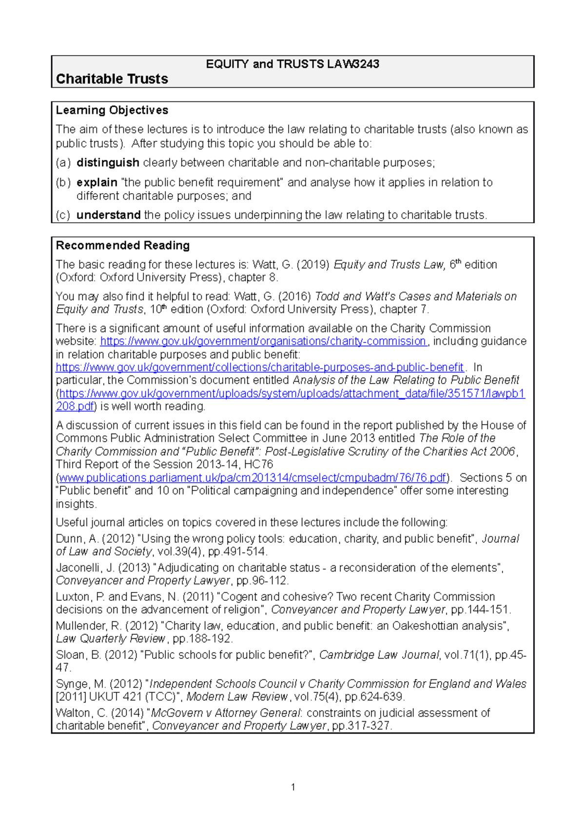 Charitable Trusts: Lecture Notes for Equity and Trusts Law (8) - Studocu