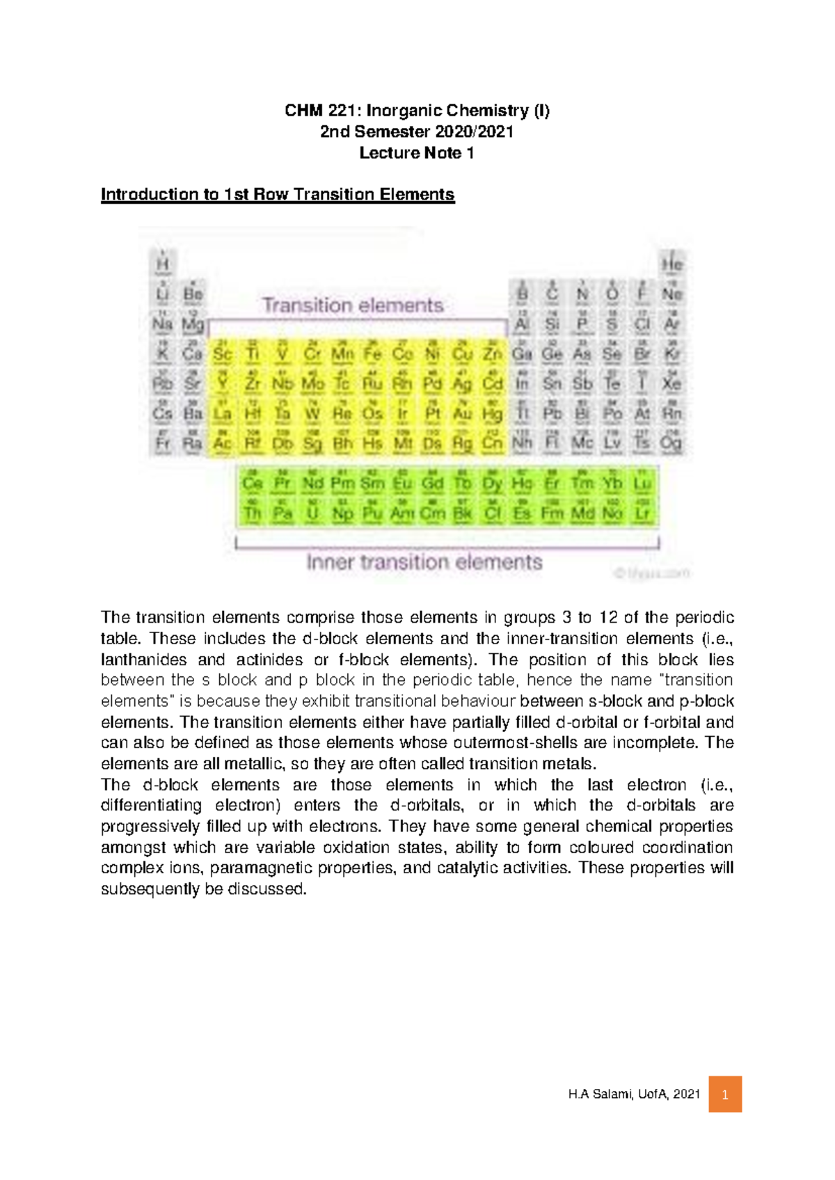 CHM 221 Lecture Notes: Introduction to 1st Row Transition Elements ...