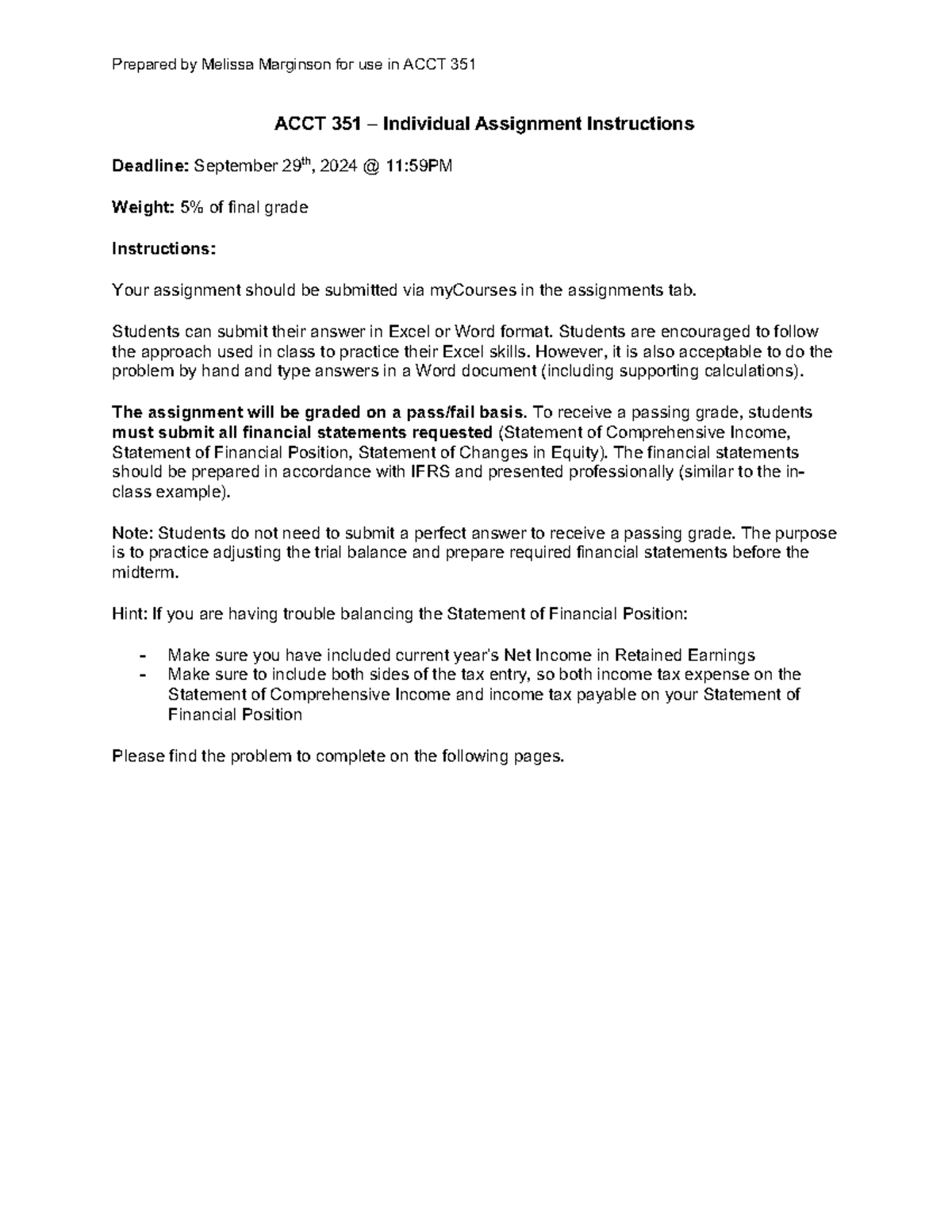 ACCT 351 - Individual Assignment Instructions & Financial Statements ...