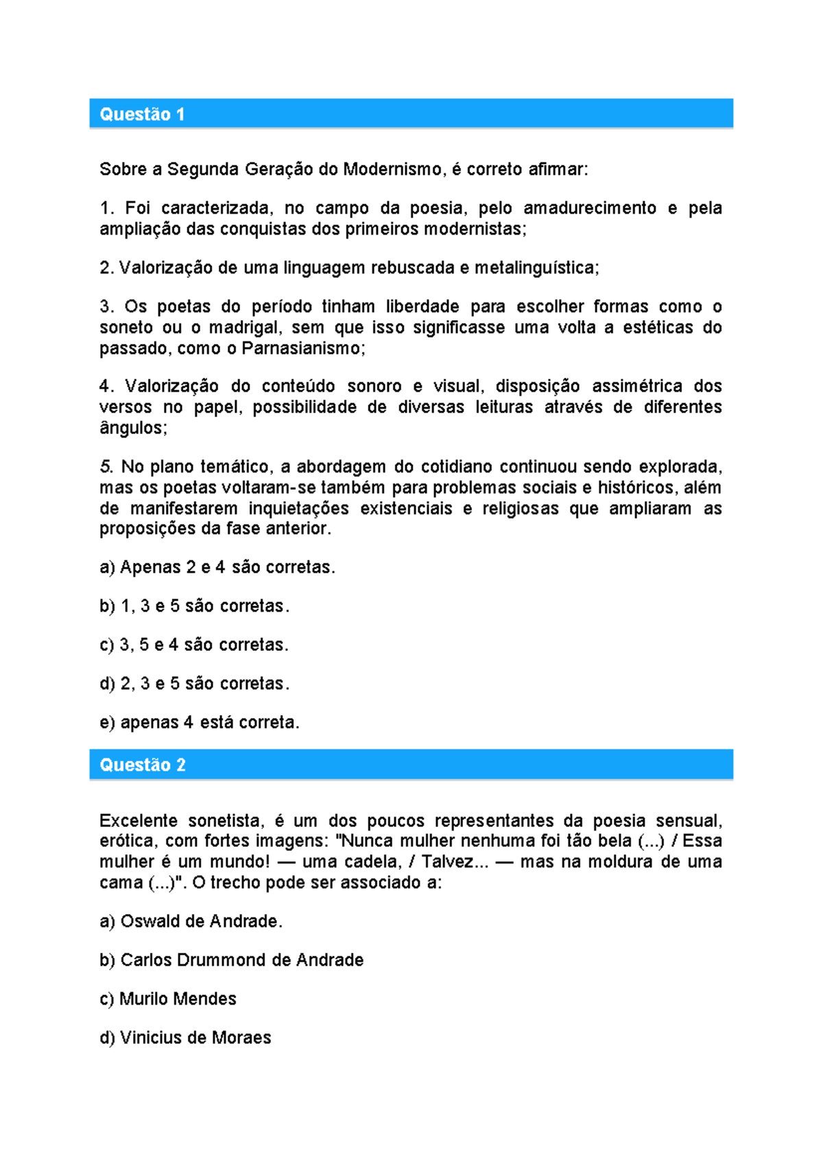 Lista de Exercícios 2ª Fase do Modernismo - Gabarito Inclusivo - Studocu