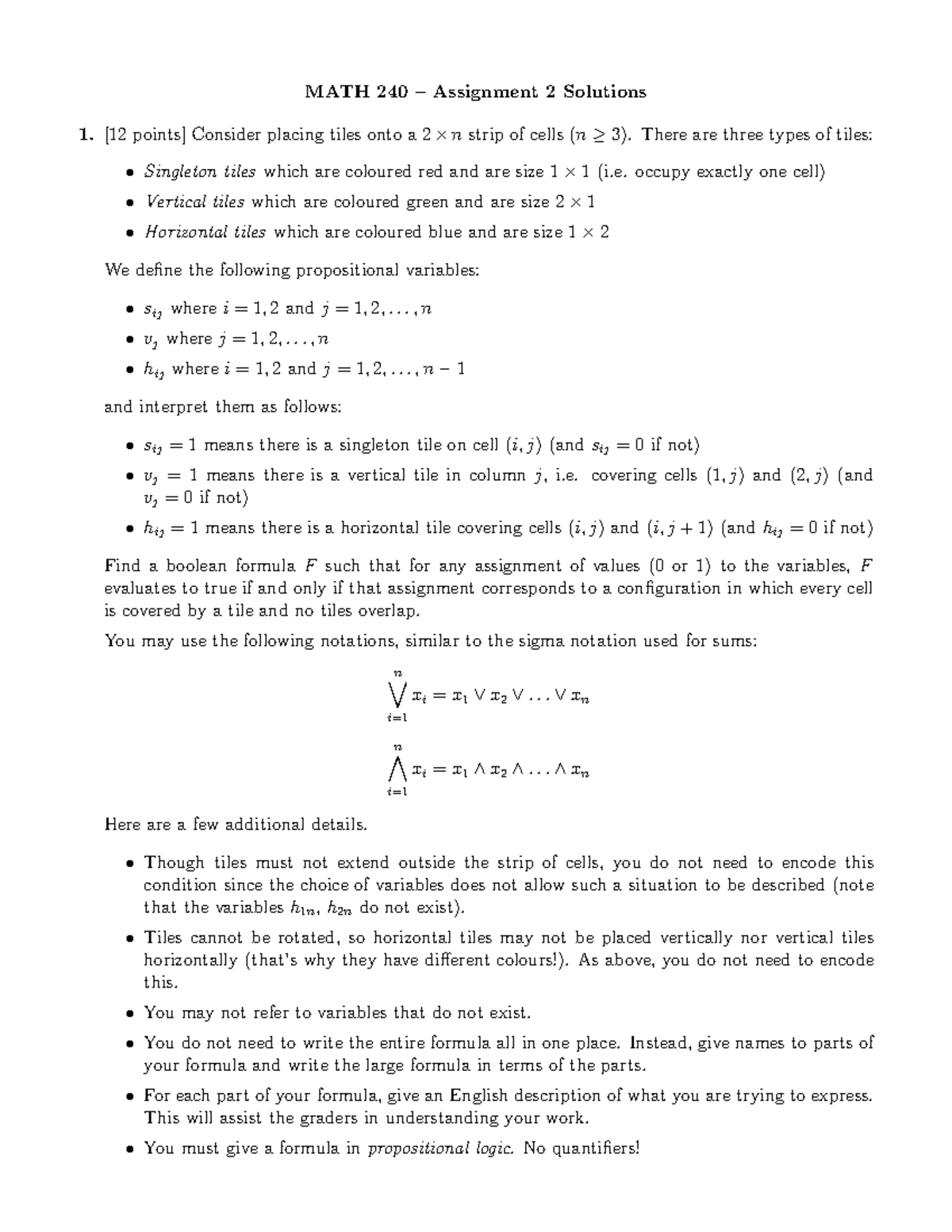 MATH 240 Assignment 2: Tile Placement Solutions and Boolean Logic - Studocu