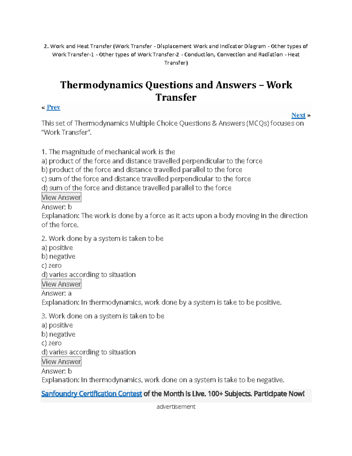 2. Thermodynamics MCQs on Work and Heat Transfer - Studocu