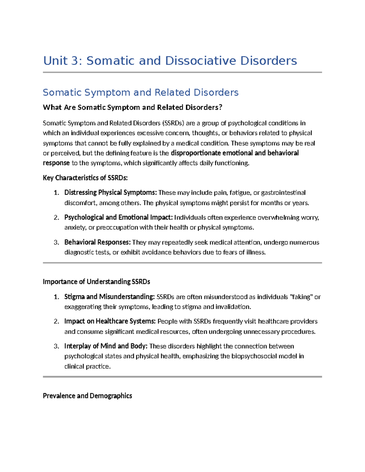 Unit 3 (Somatic and Dissociative Disorders) - Unit 3: Somatic and ...
