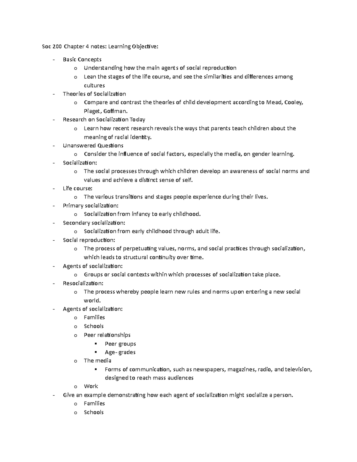 Soc 200 Chapter 4: Socialization and Agents of Socialization - Studocu