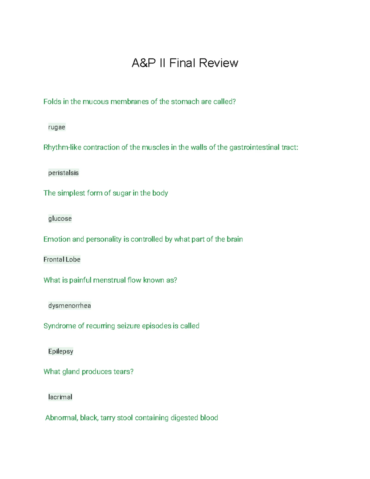 Updated A&P 1 Med/Term Final Exam Review: Q&A on Respiratory ...