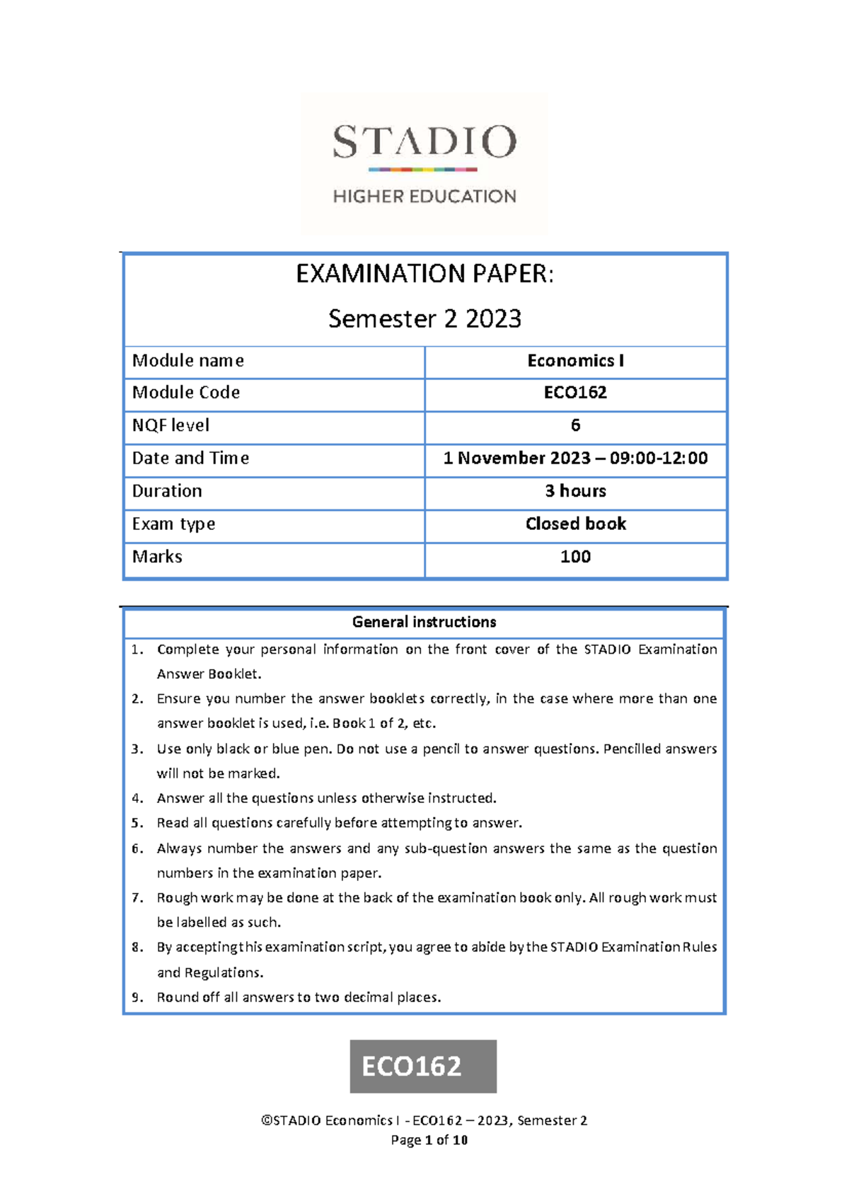 ECO162 2023 Semester 2 Final Exam Paper: Economics I Examination Guide ...