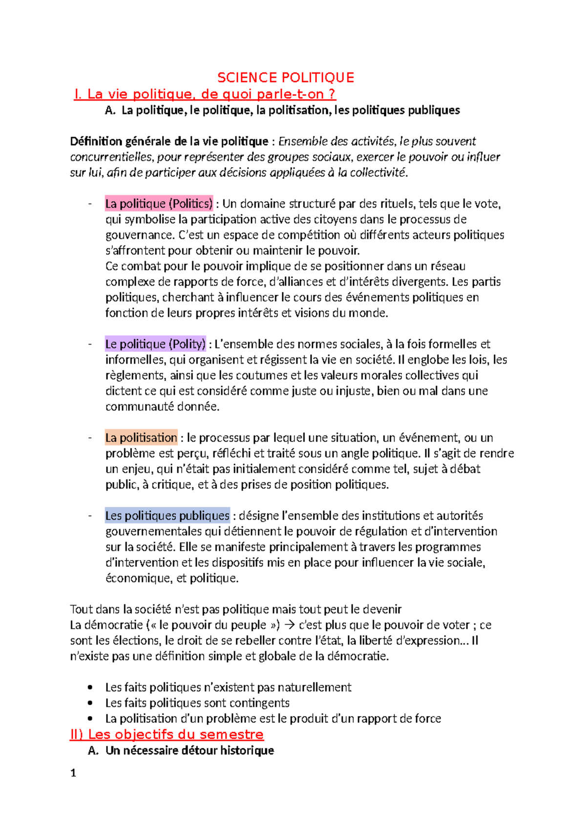 SCIENCE POLITIQUE I - Chapitre 1 : La Vie Politique et ses Dynamiques ...