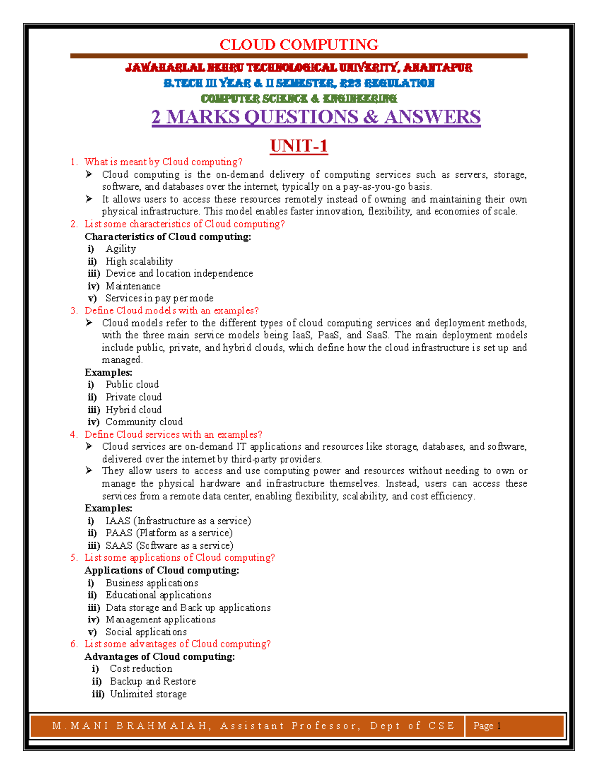 CLOUD COMPUTING B.TECH II SEMESTER R23 CSE 2 MARKS Q&A - Studocu