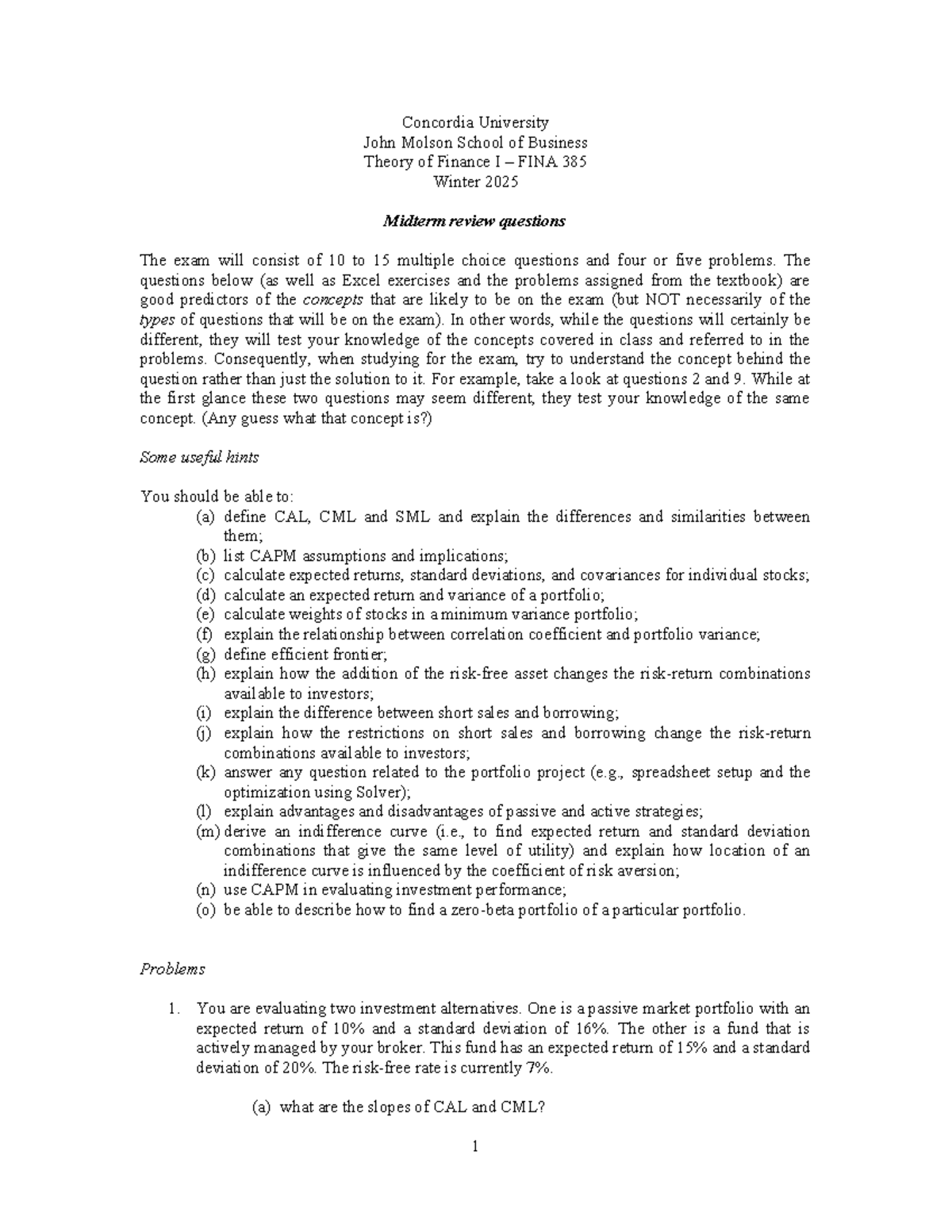 FINA 385 Winter 2025 Midterm Review Questions for Theory of Finance I ...