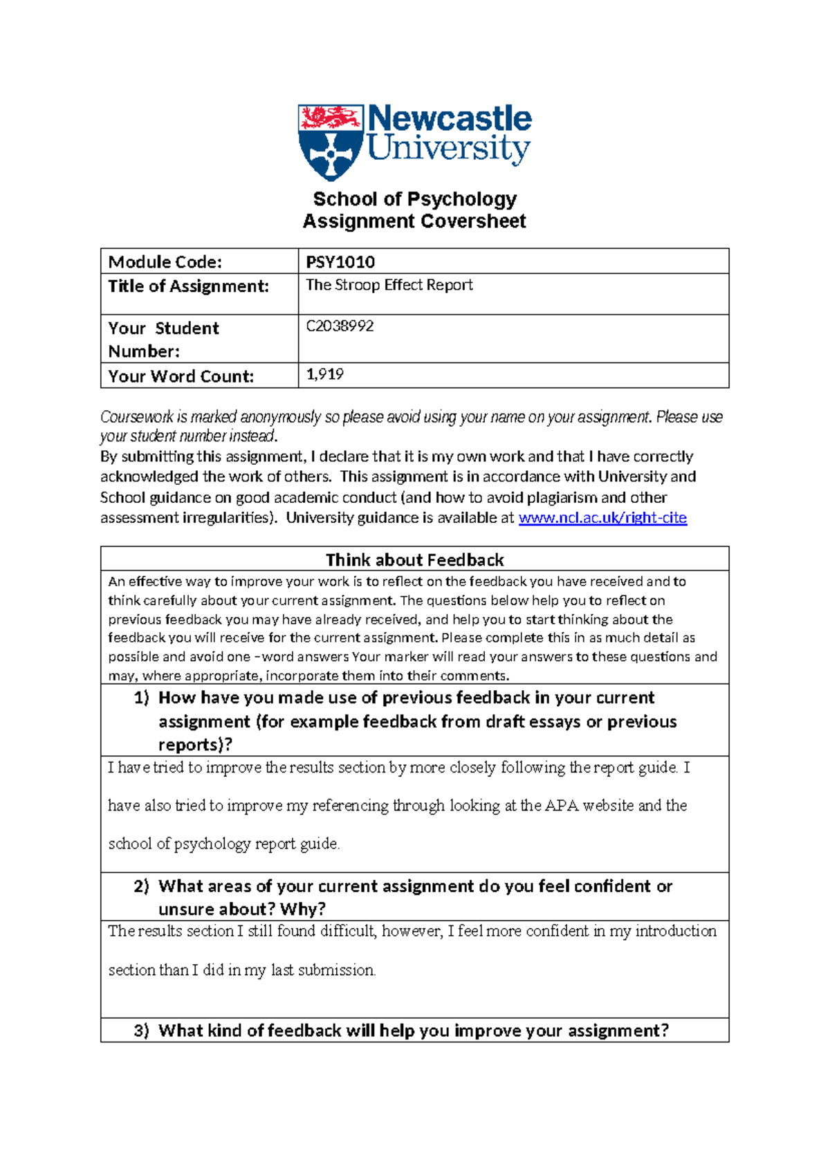 PSY1010 - The Stroop Effect Report - Final Submission - Studocu